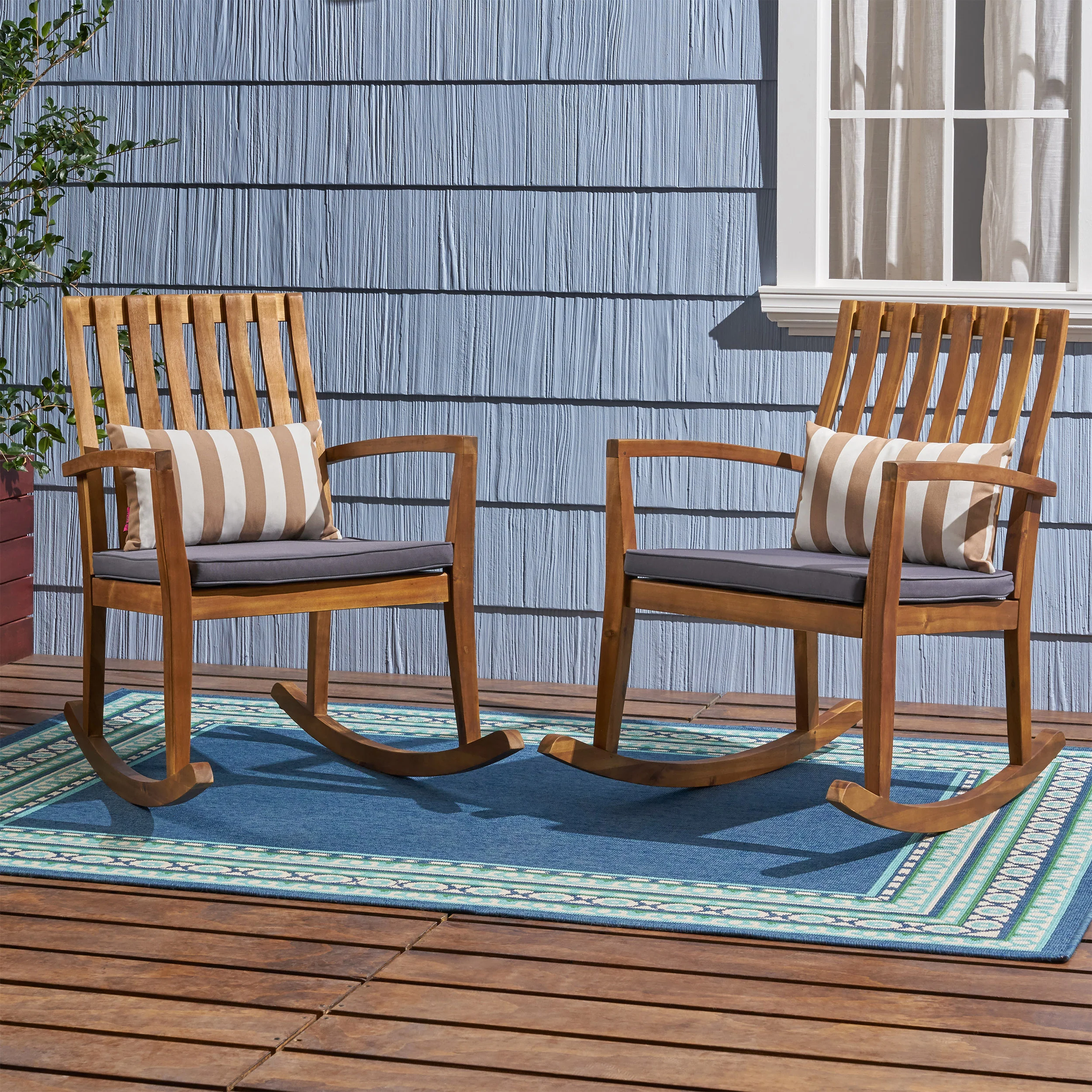 Colmena Acacia Wood Rustic Style Rocking Chair with Water Resistant Cushions - furnishings