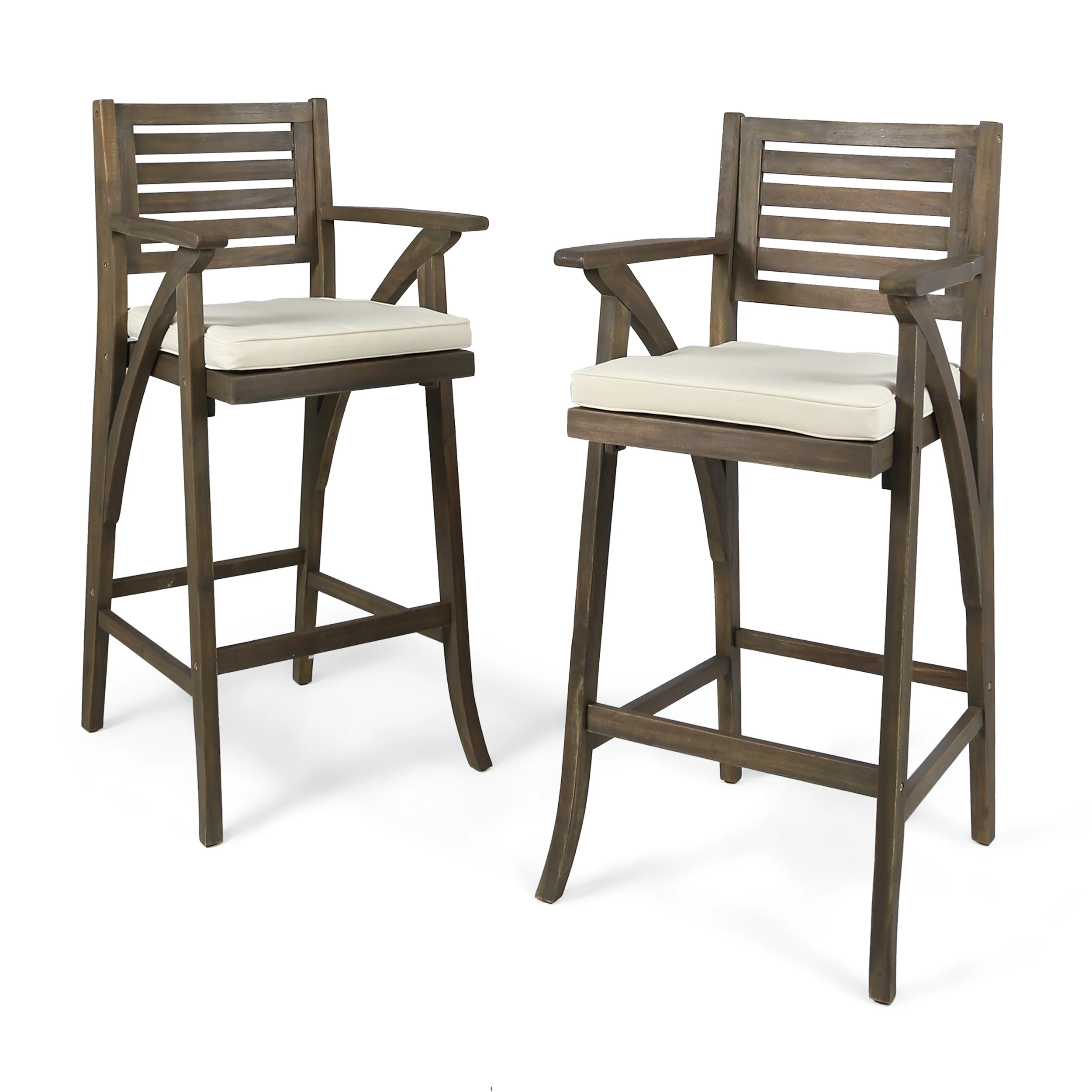 Joye Outdoor Acacia Wood Barstool (Set of 2), Grey with Cream Cushion - furnishings
