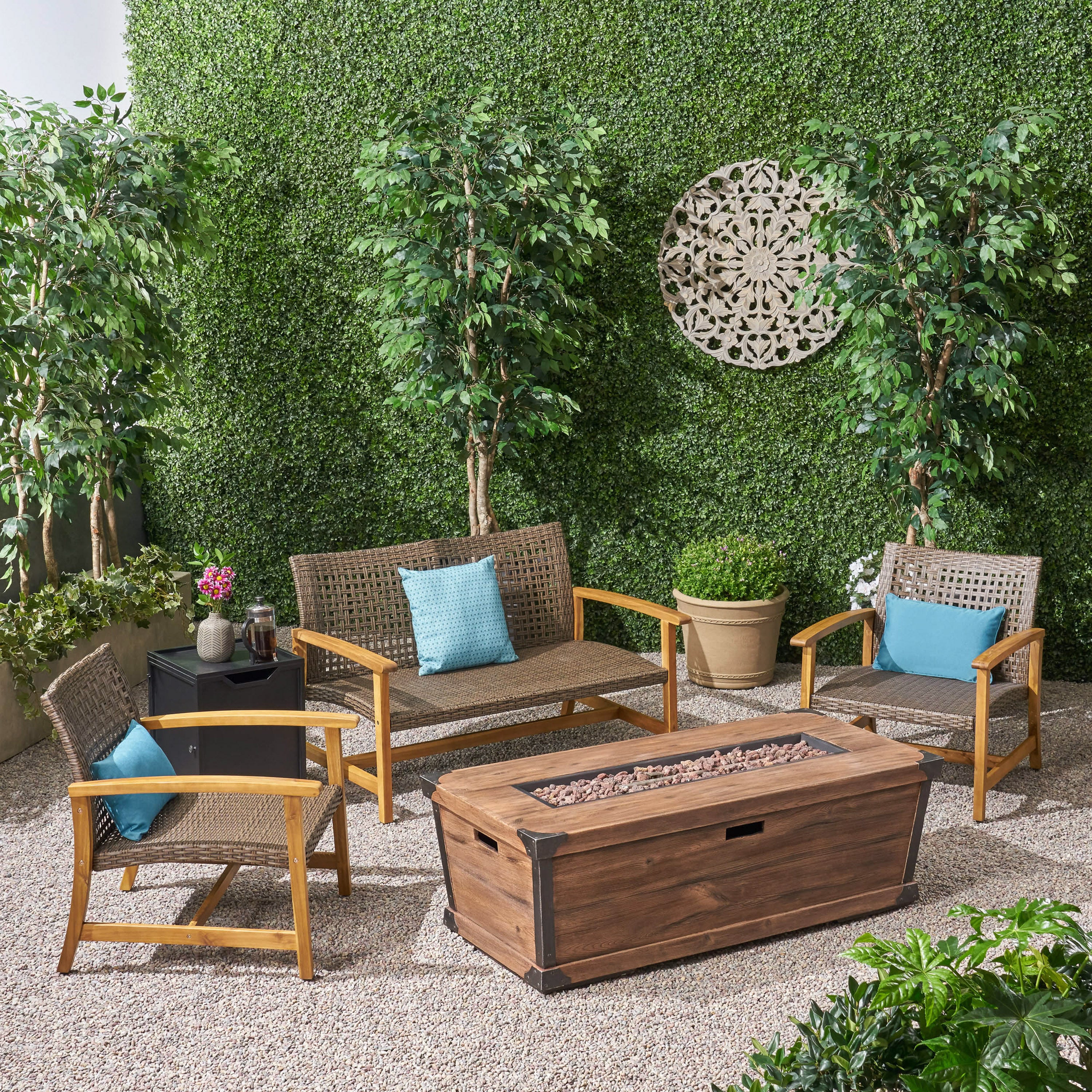 Airyanna Outdoor 3 Piece Wood and Wicker Chat Set with Fire Pit - furnishings