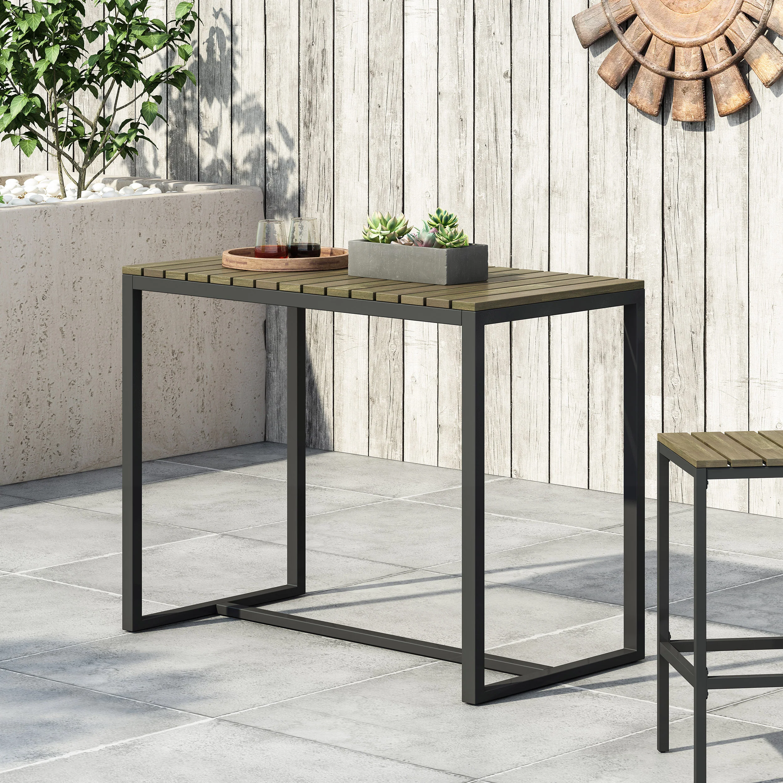 Arath Outdoor Modern Industrial Acacia Wood Bar Table - furnishings