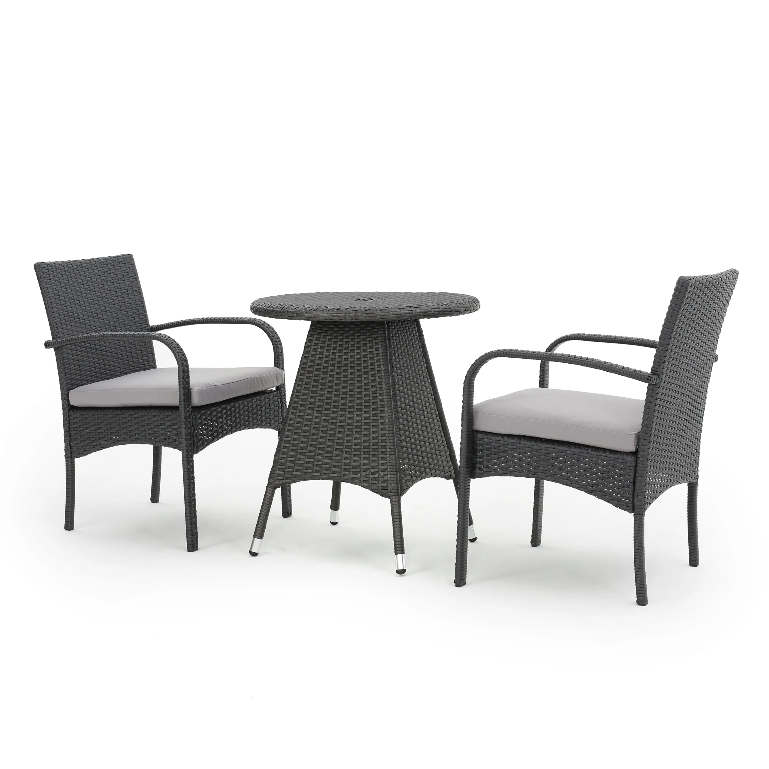 Portola Outdoor 3 Piece Grey Wicker Bistro Set with Cushions - furnishings