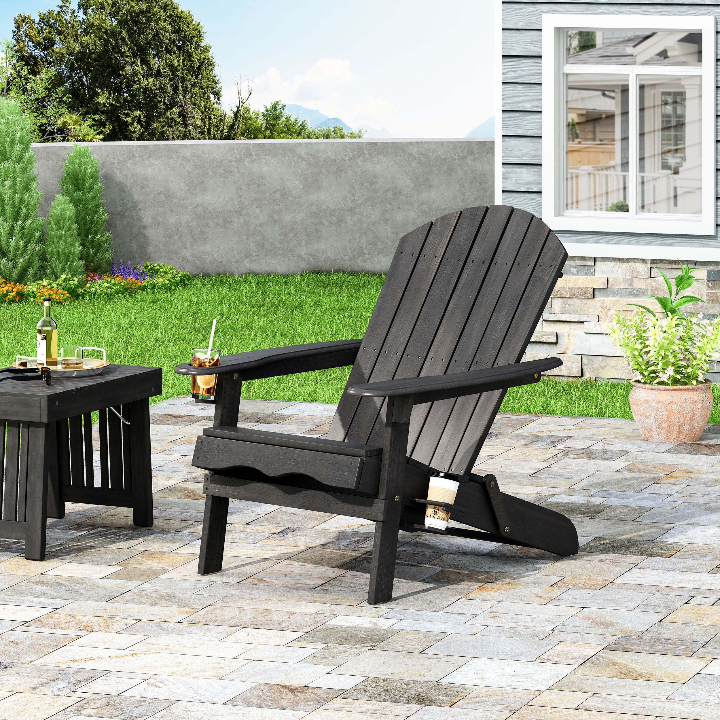 Kandyce Outdoor Acacia Wood Folding Adirondack Chair With Cup Holder - furnishings