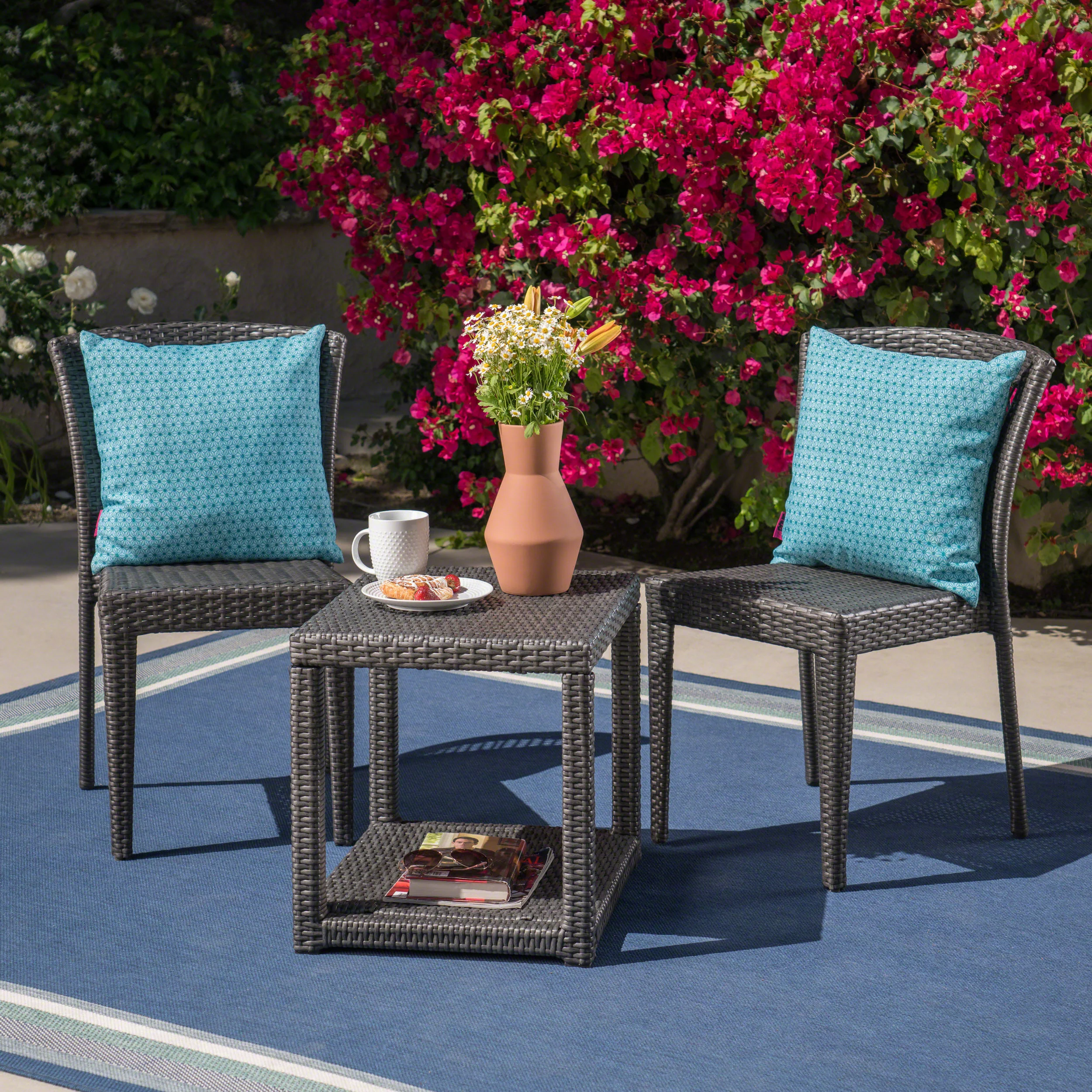 Hogan Outdoor 3 Piece Wicker Chat Set, Grey - furnishings