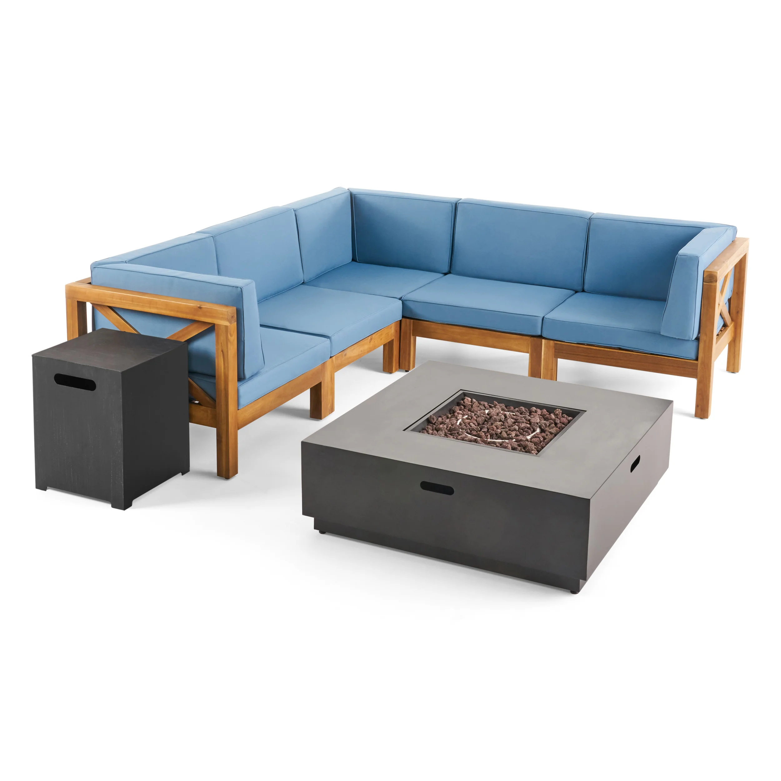 Gina Outdoor Acacia Wood 5 Seater Sectional Sofa Set with Fire Pit - furnishings