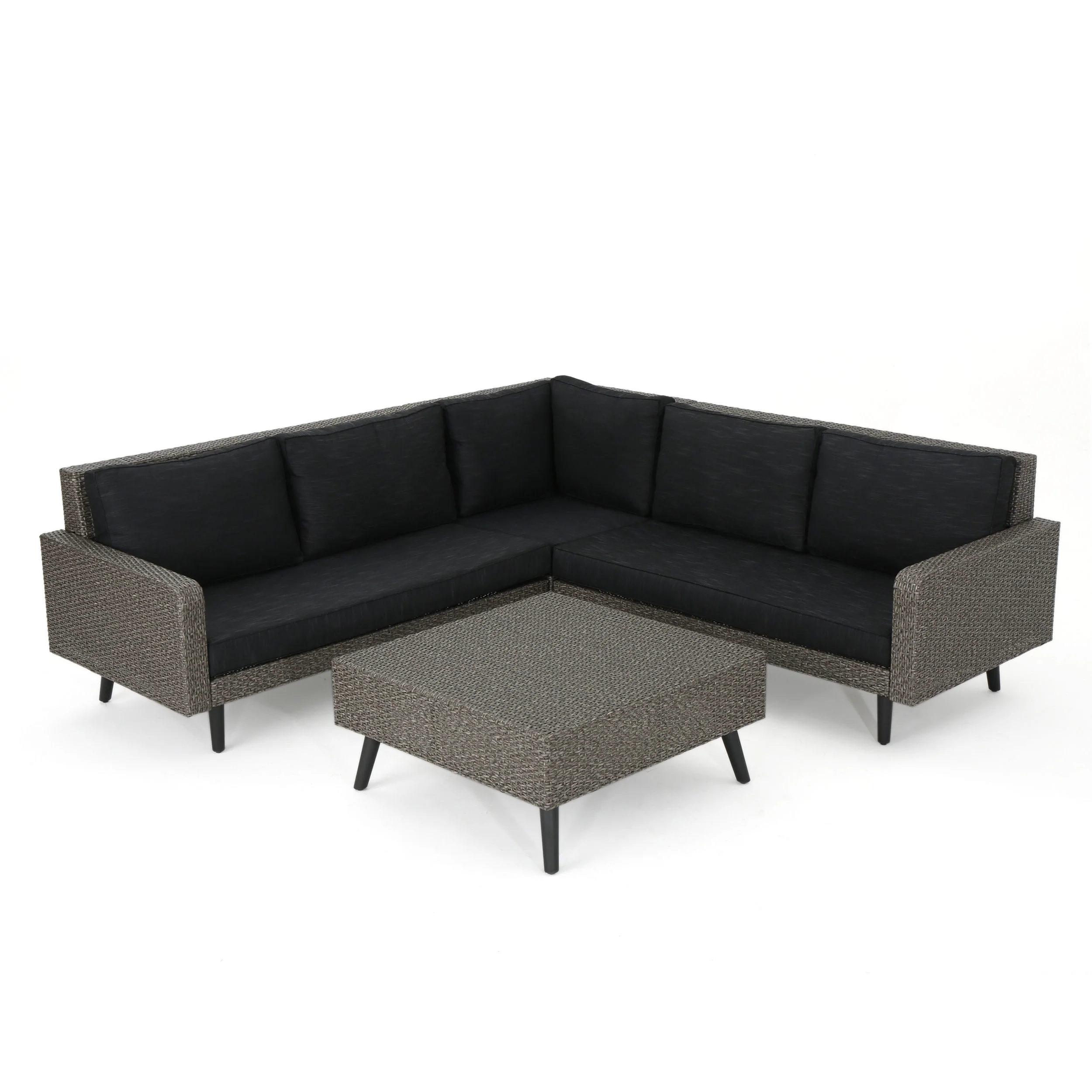 Hensley Outdoor Wicker 5 Seater Sectional Sofa Chat Set with Cushions, Mixed Black and Dark Gray - furnishings