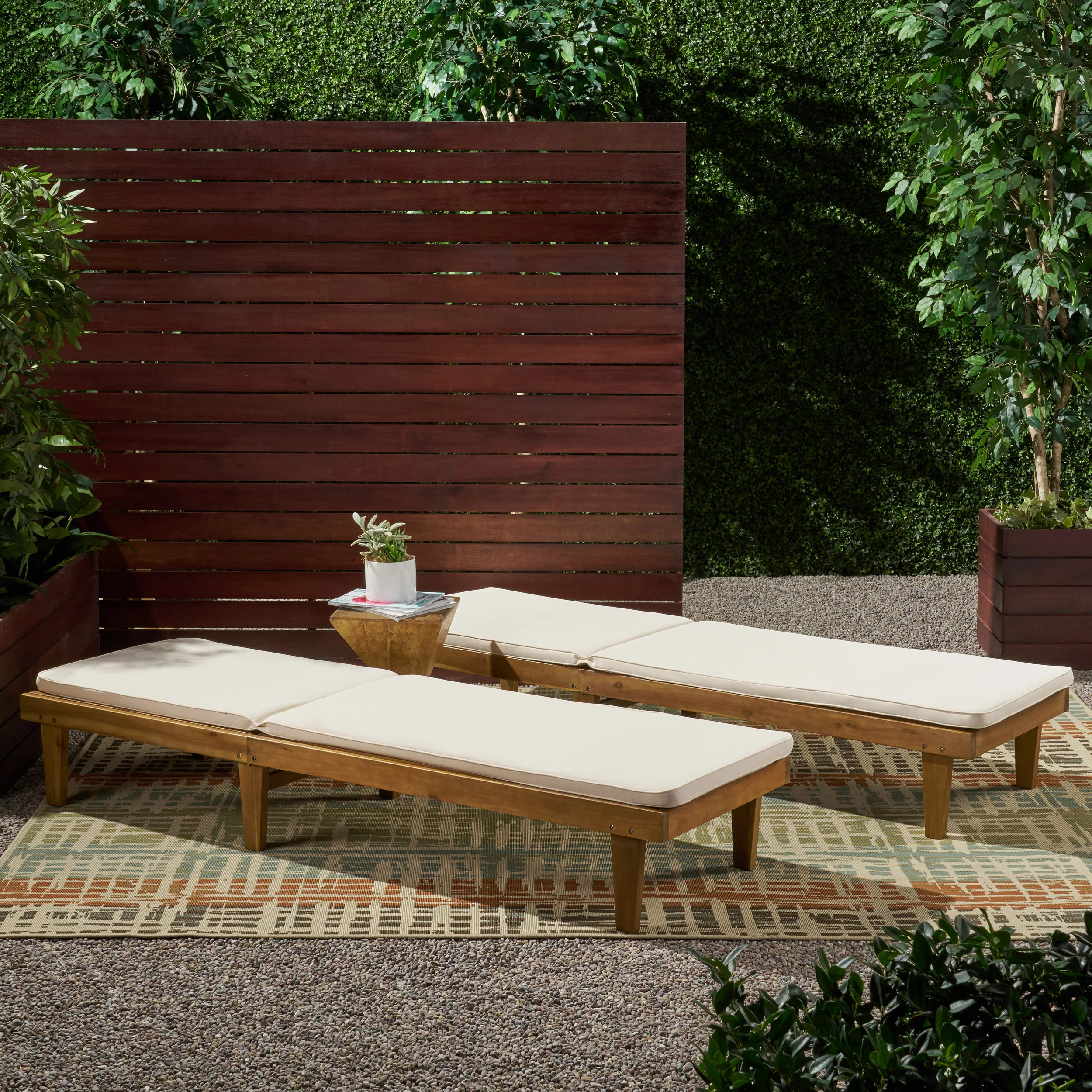 Nadine Outdoor Modern Acacia Wood Chaise Lounge with Cushion (Set of 2) - furnishings