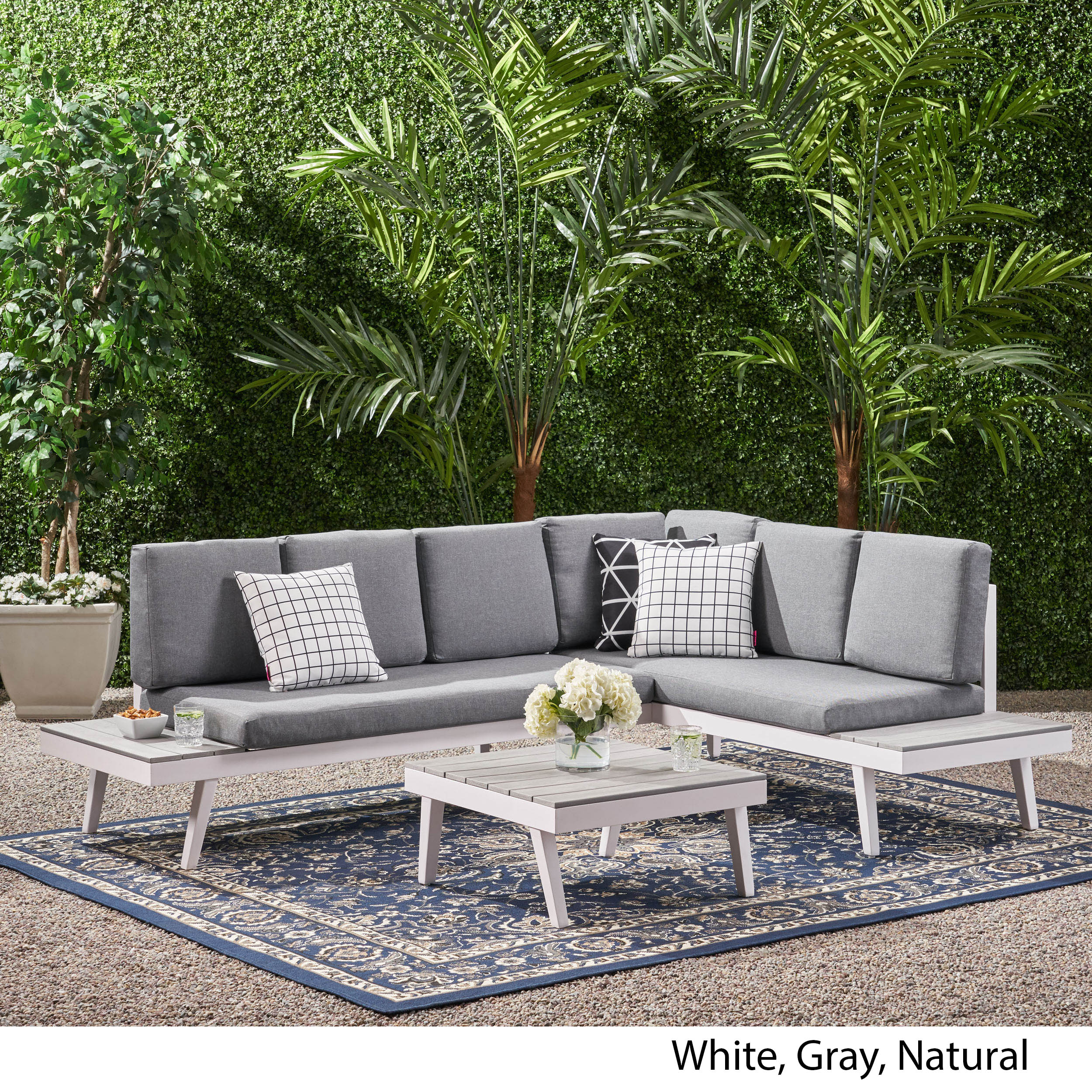 Taylor Outdoor Aluminum Sofa Sectional with Faux Wood Accents, White and Gray - furnishings