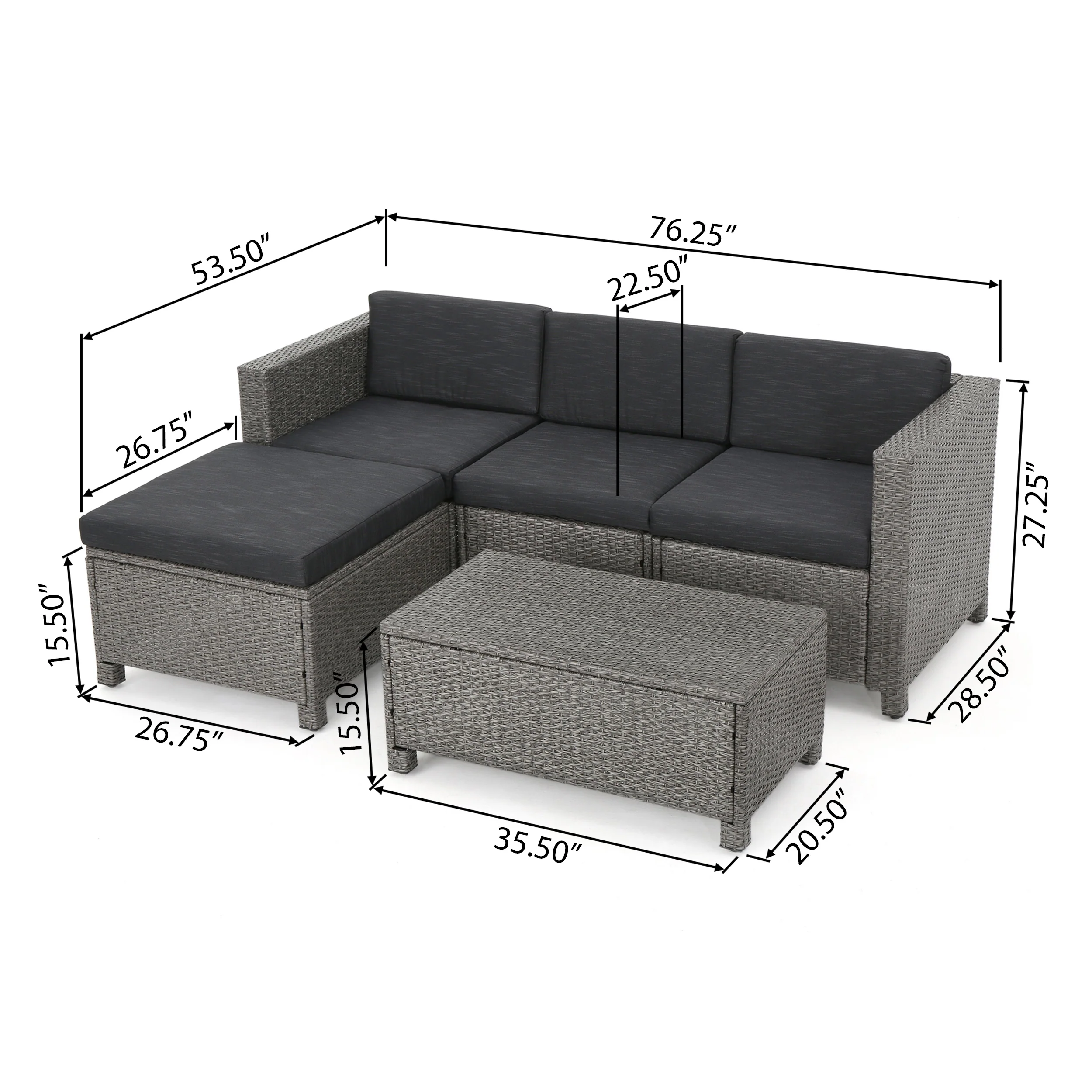 Lorita Outdoor 5-piece Dark Gray Wicker Sectional Sofa Set with Black Cushions - furnishings
