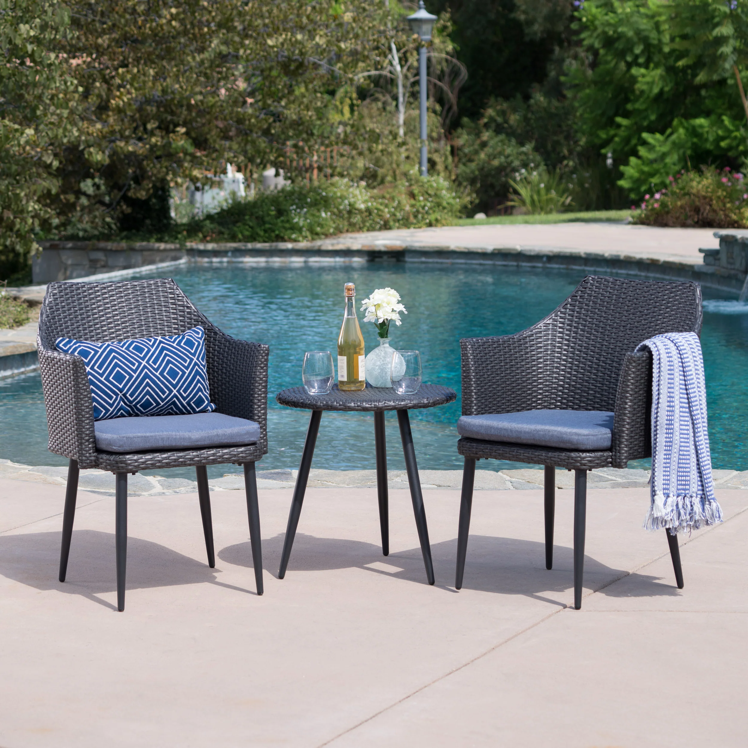 Ibiza Outdoor 3 Piece Wicker Chat Set with Water Resistant Cushions - furnishings