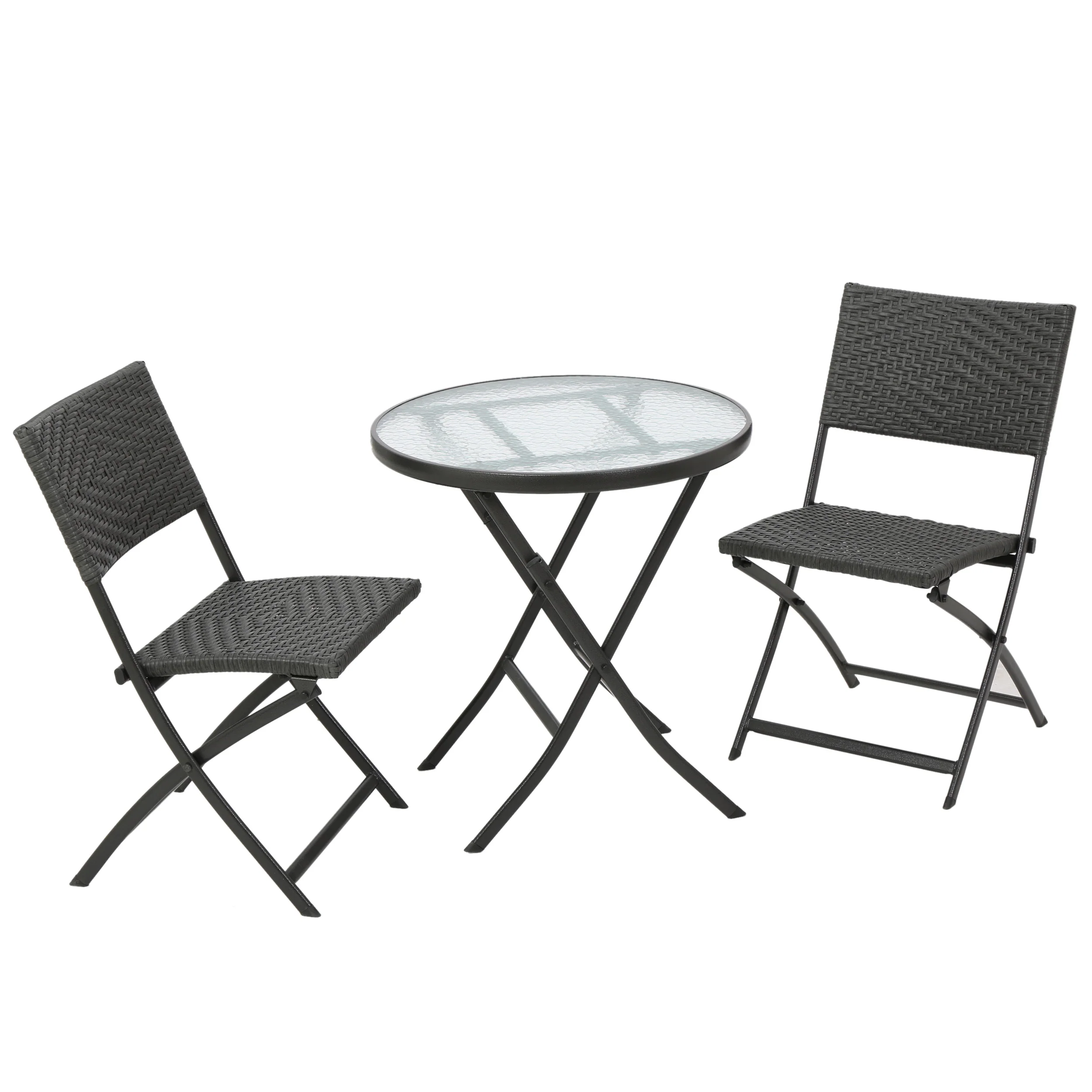 Moreton Outdoor 3-Piece Gray Wicker Folding Bistro Set With Aquatex Glass Top - furnishings