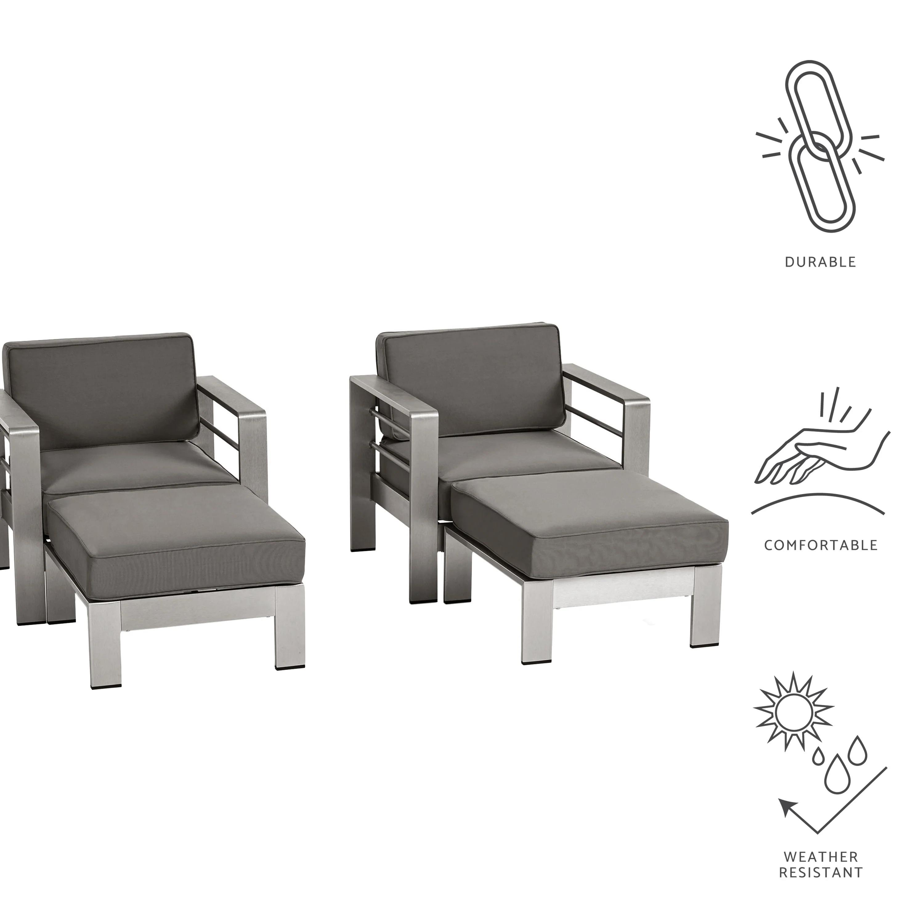 Emily Coral Outdoor Aluminum 2-Seater Club Chair Chat Set with Ottomans, Silver and Gray - furnishings