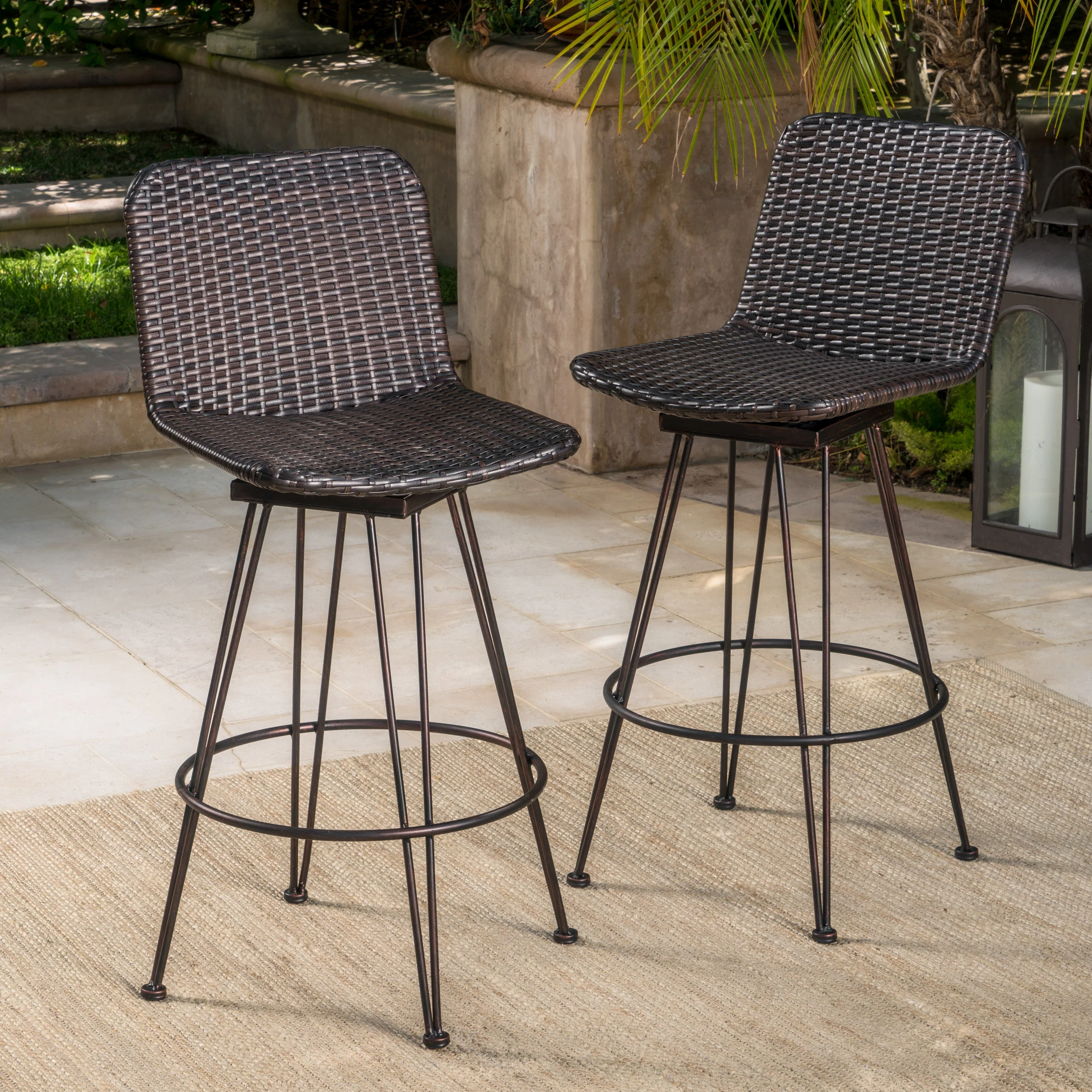 Pines 18-Inch Outdoor Wicker Barstools with Black Brush Copper Iron Frame (Set of 2) - furnishings