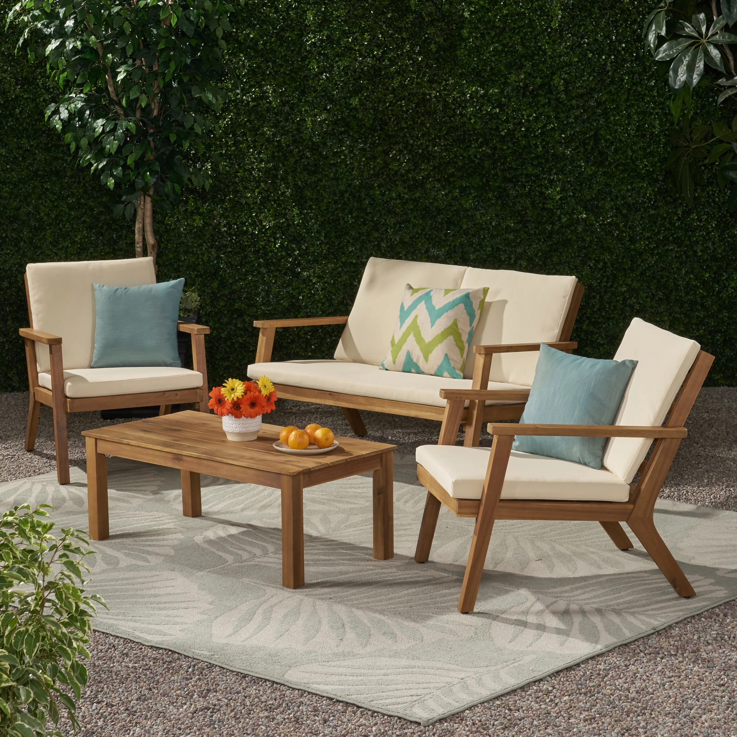 Avacyn Outdoor Acacia Wood 4 Seater Chat Set with Cushions - furnishings