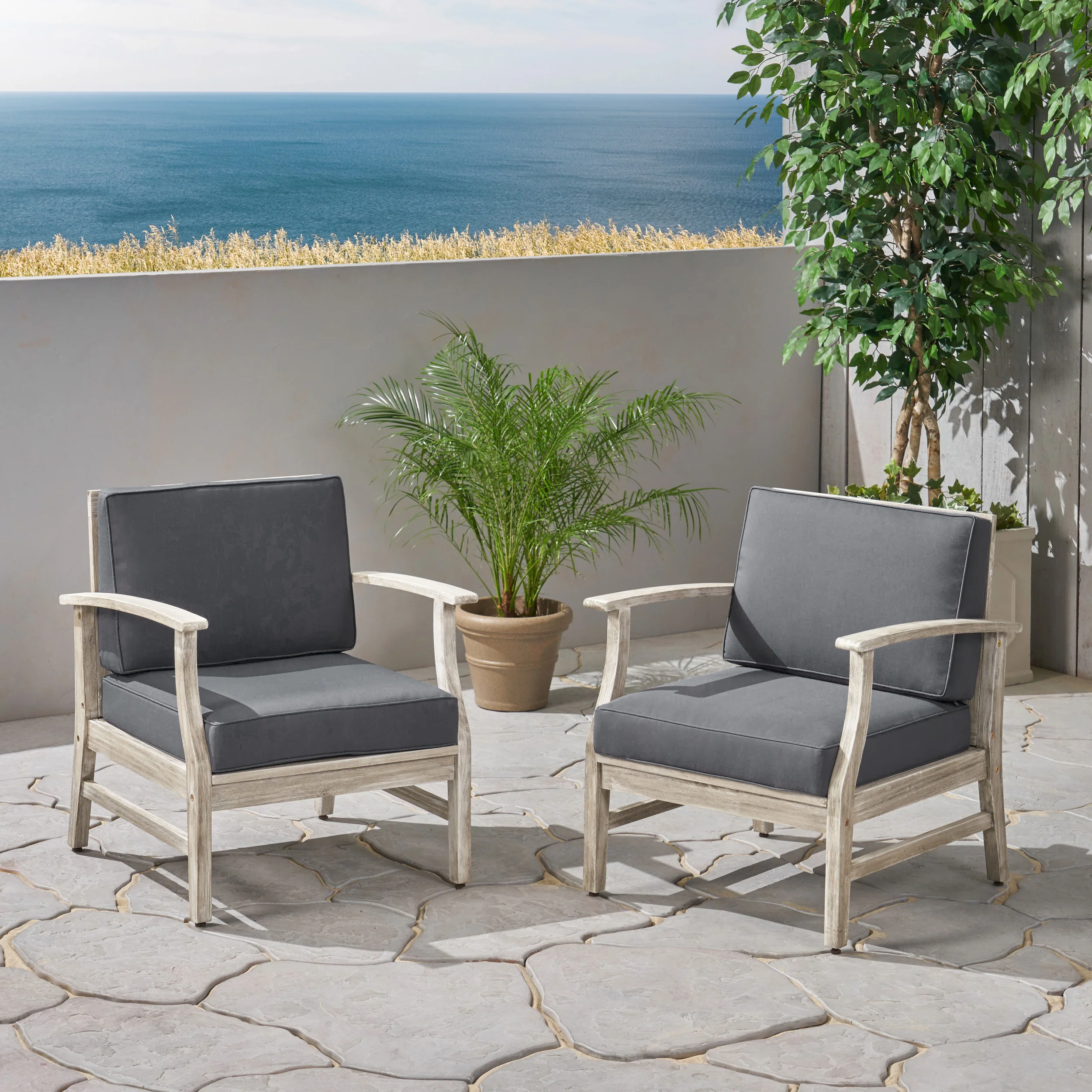 Fanny Outdoor Acacia Wood Club Chairs with Cushions (Set of 2), Light Gray and Dark Gray - furnishings