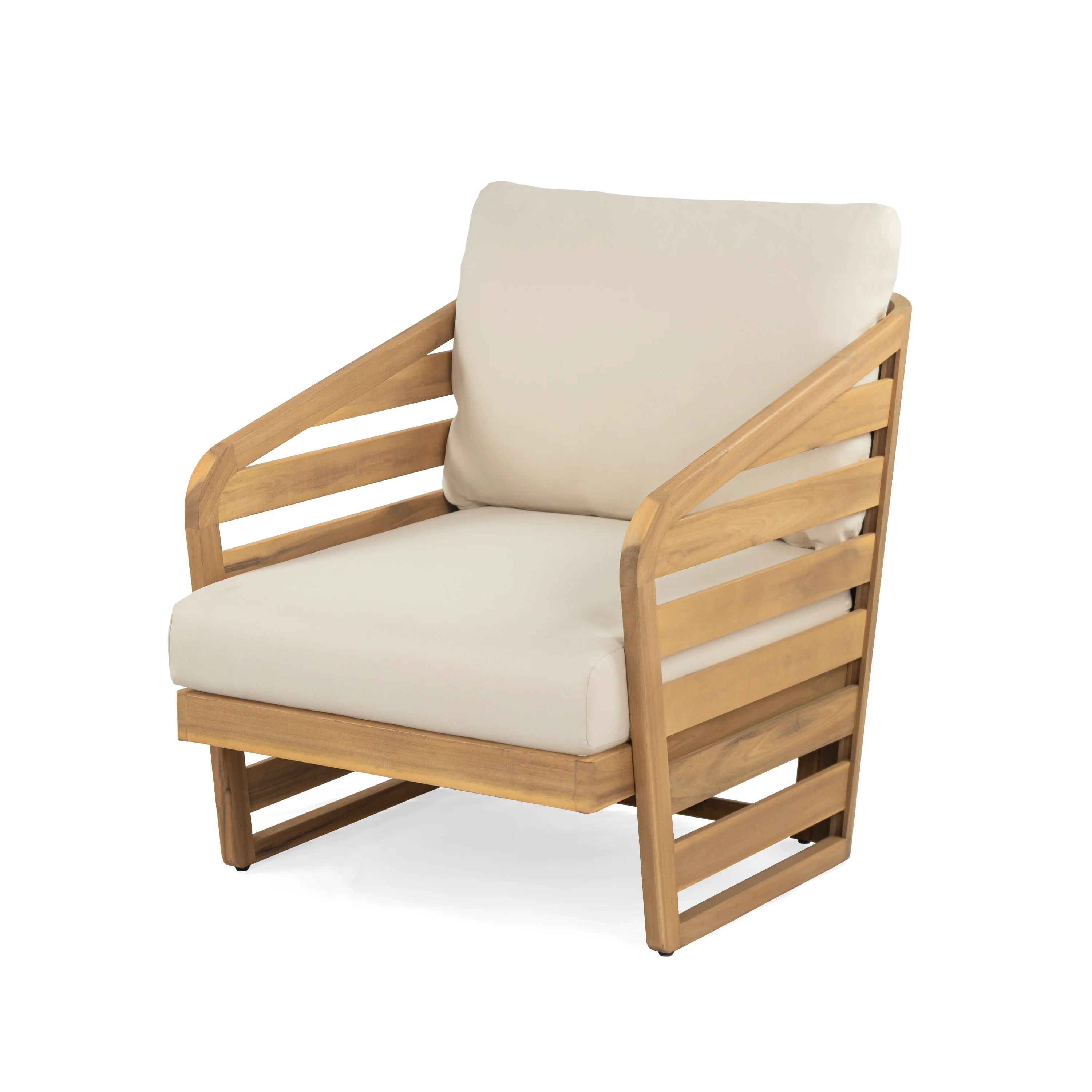 Marlower Teak Finish Acacia Wood Outdoor Lounge Chair with Beige Cushion - furnishings