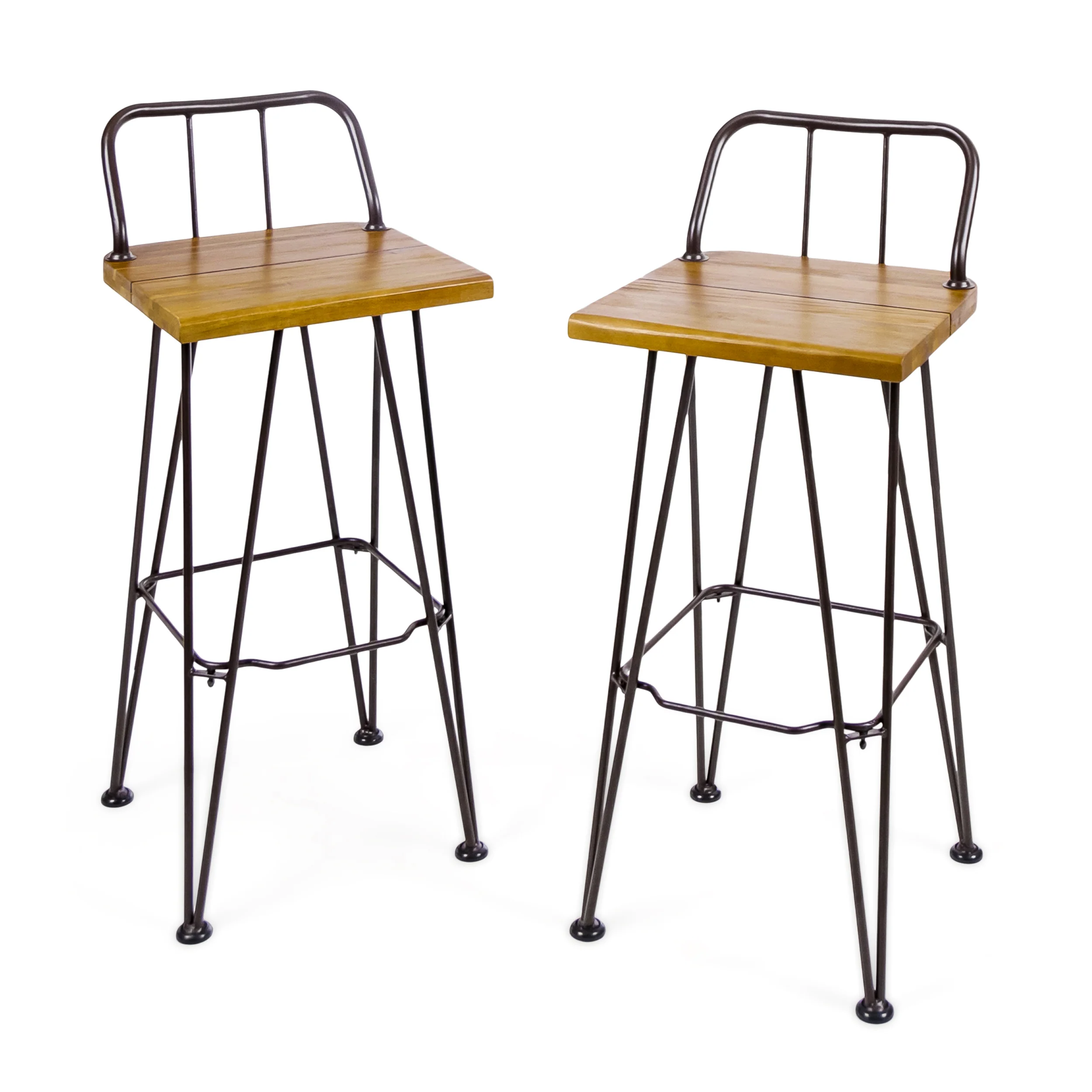 Leonardo Outdoor Industrial Teak Finished Acacia Wood Barstools with Iron Frame - furnishings