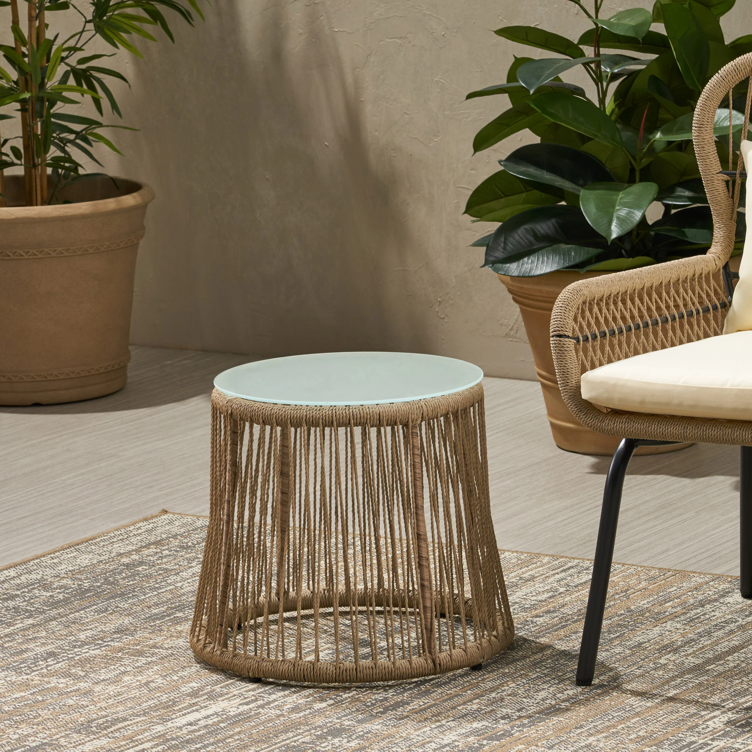 Karen Outdoor Side Table, Steel and Rope, Tempered Glass Table Top, Boho - furnishings