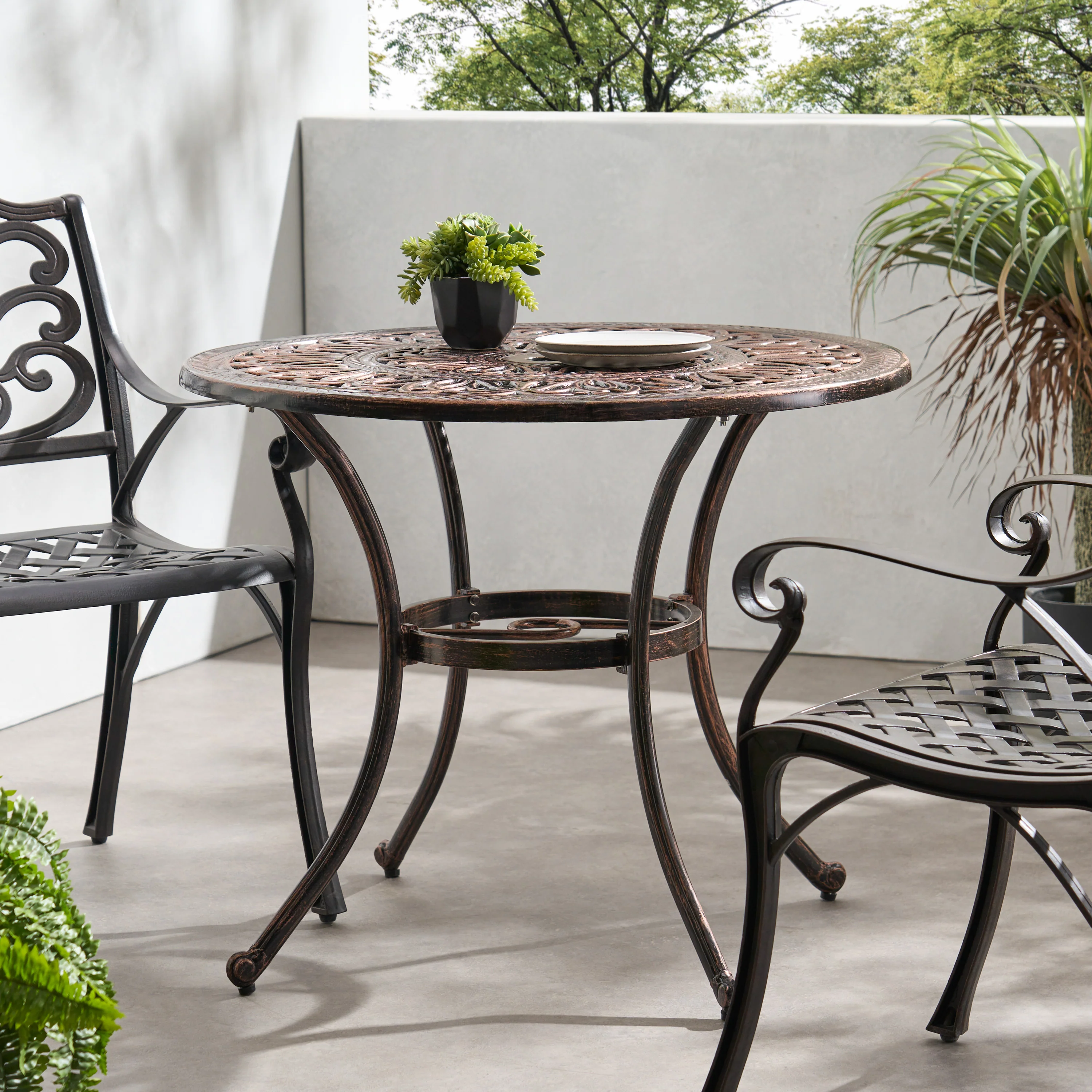 Jamie Outdoor Round Cast Aluminum Dining Table, Shiny Copper - furnishings