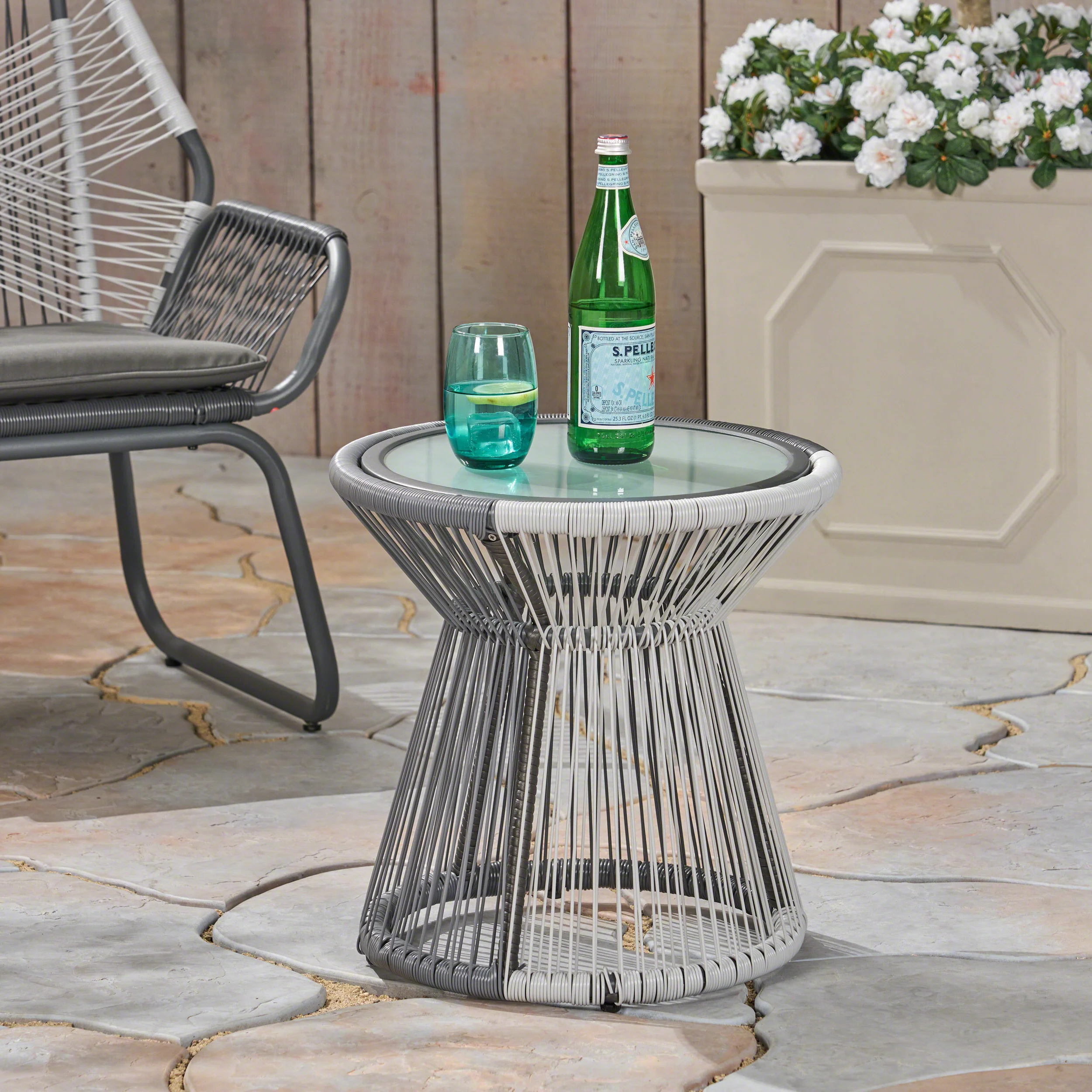 Aiden Outdoor Faux Rattan Side Table with Glass Top - furnishings