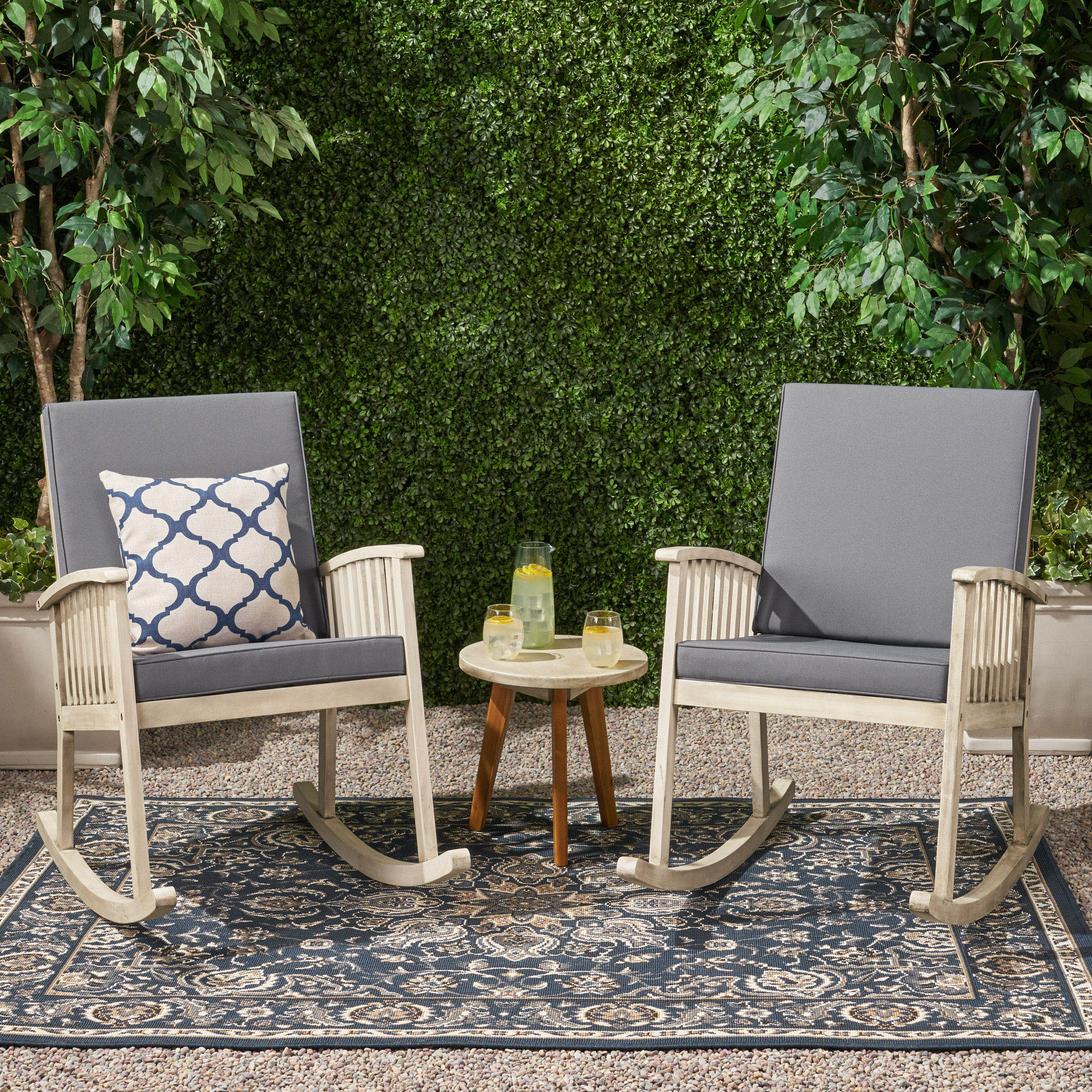Emma Outdoor Acacia Wood 2 Seater Rocking Chairs and Side Table Set - furnishings