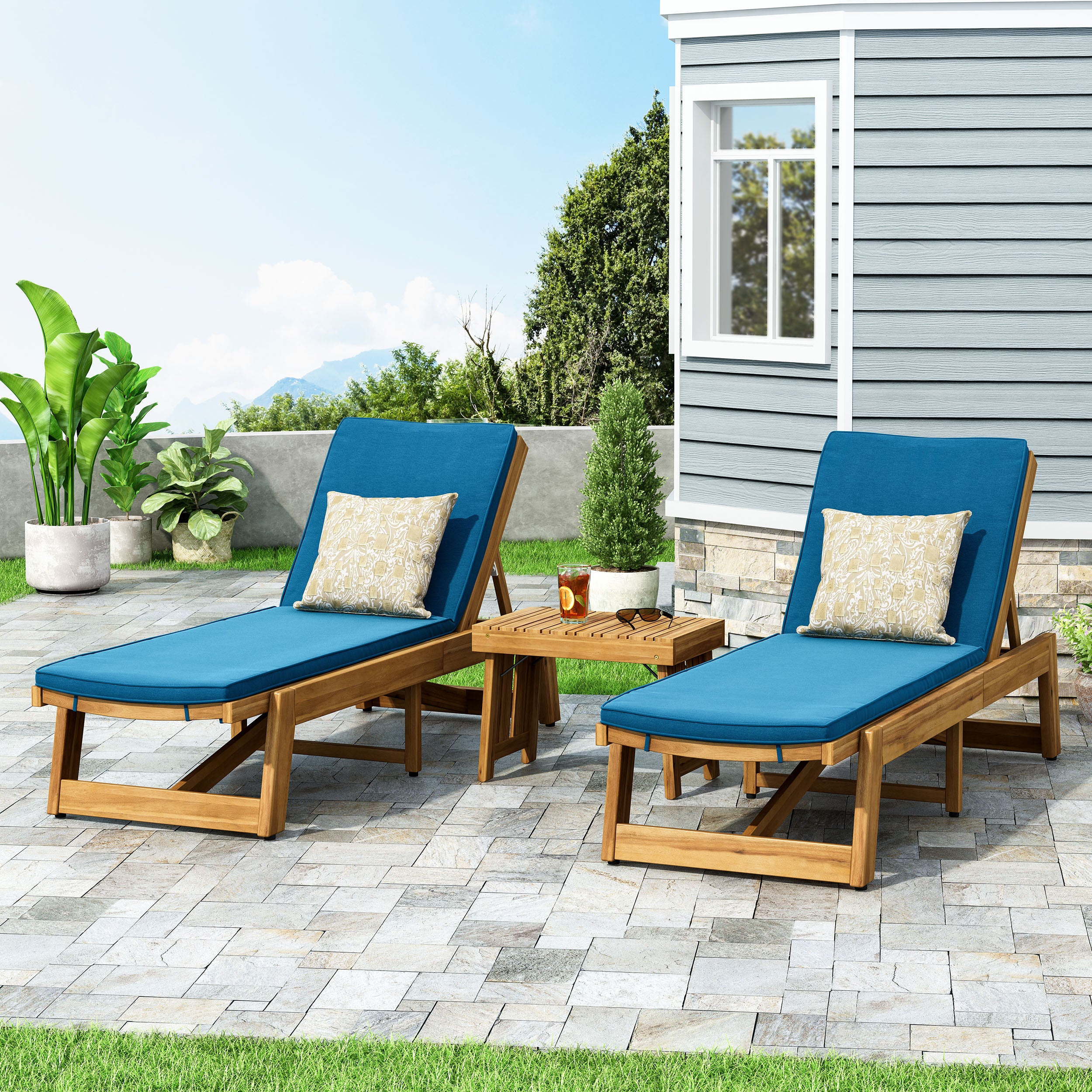 Karyme Outdoor Acacia Wood 3 Piece Chaise Lounge Set with Water-Resistant Cushions - furnishings