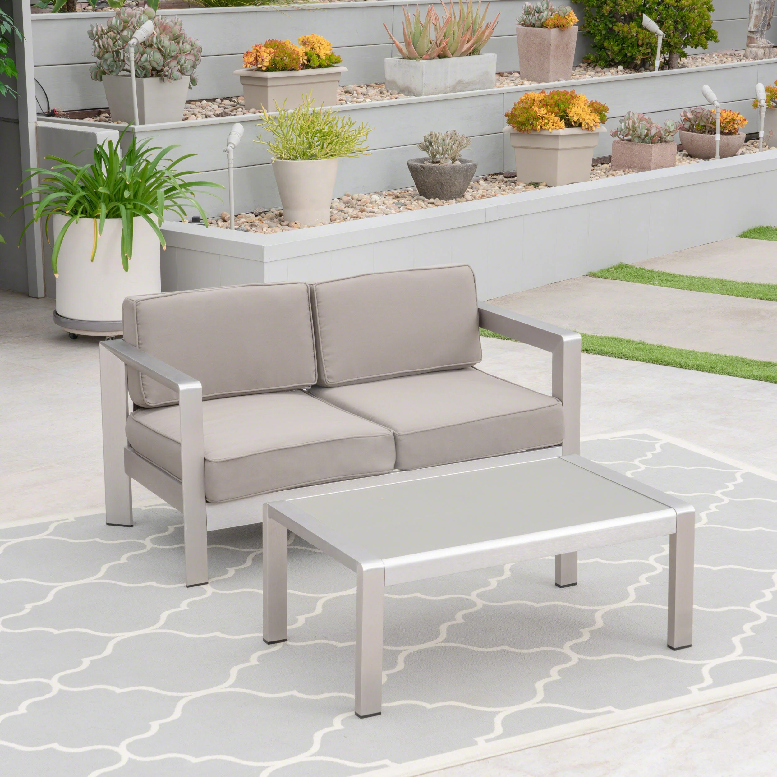 Booth Outdoor Aluminum Loveseat and Tempered Glass-Topped Coffee Table - furnishings