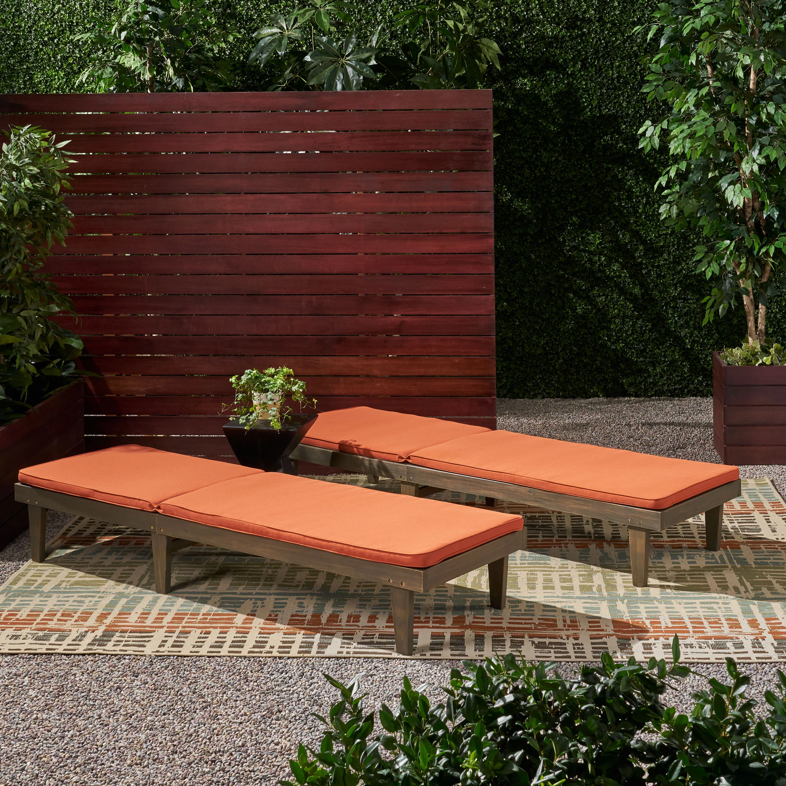 Nadine Outdoor Modern Acacia Wood Chaise Lounge with Cushion (Set of 2) - furnishings