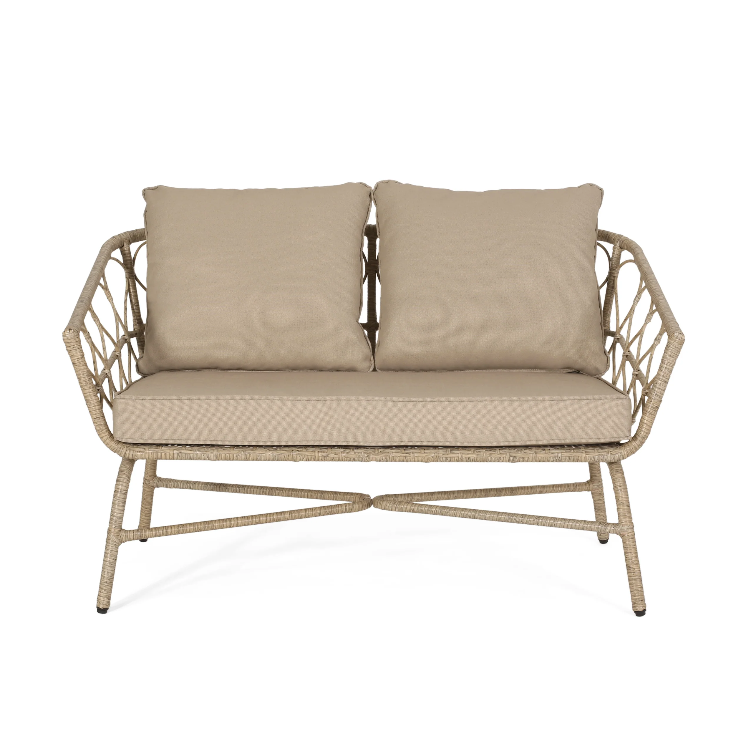 Colmar Outdoor Wicker Loveseat and Coffee Table Set, Light Brown and Beige - furnishings