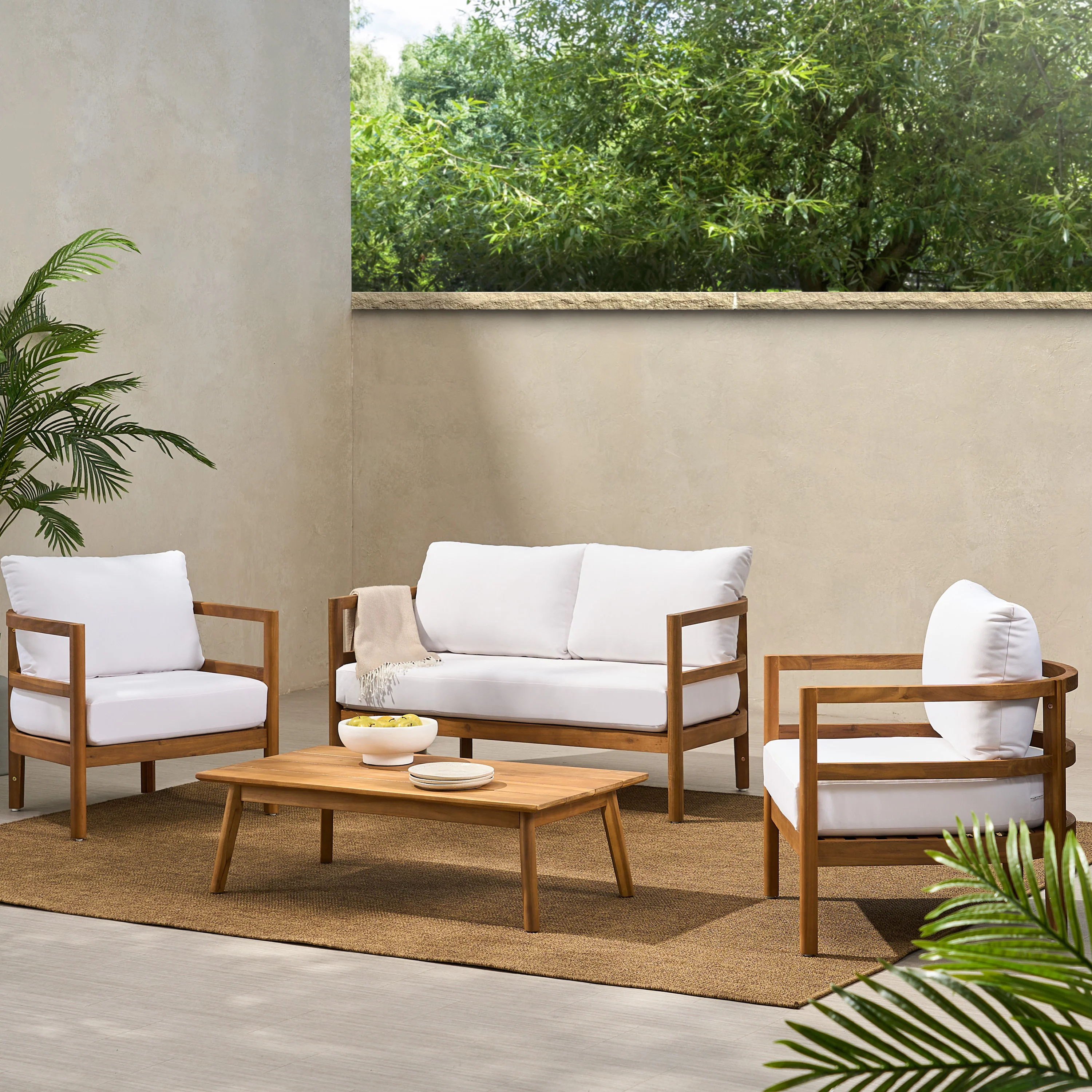 Aggie Outdoor Acacia Wood 4-Seater Chat Set with Cushion, Teak and White - furnishings