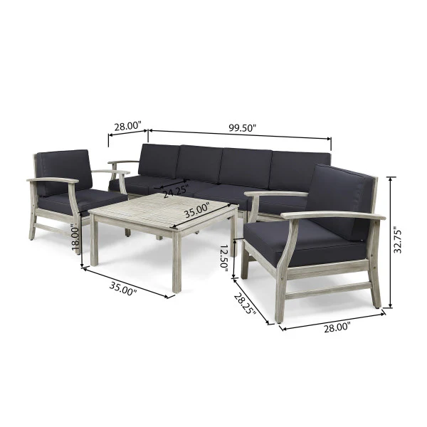 Lorelei Outdoor 7 Piece Acacia Wood 4-Seater Sofa and Club Chairs Set - furnishings