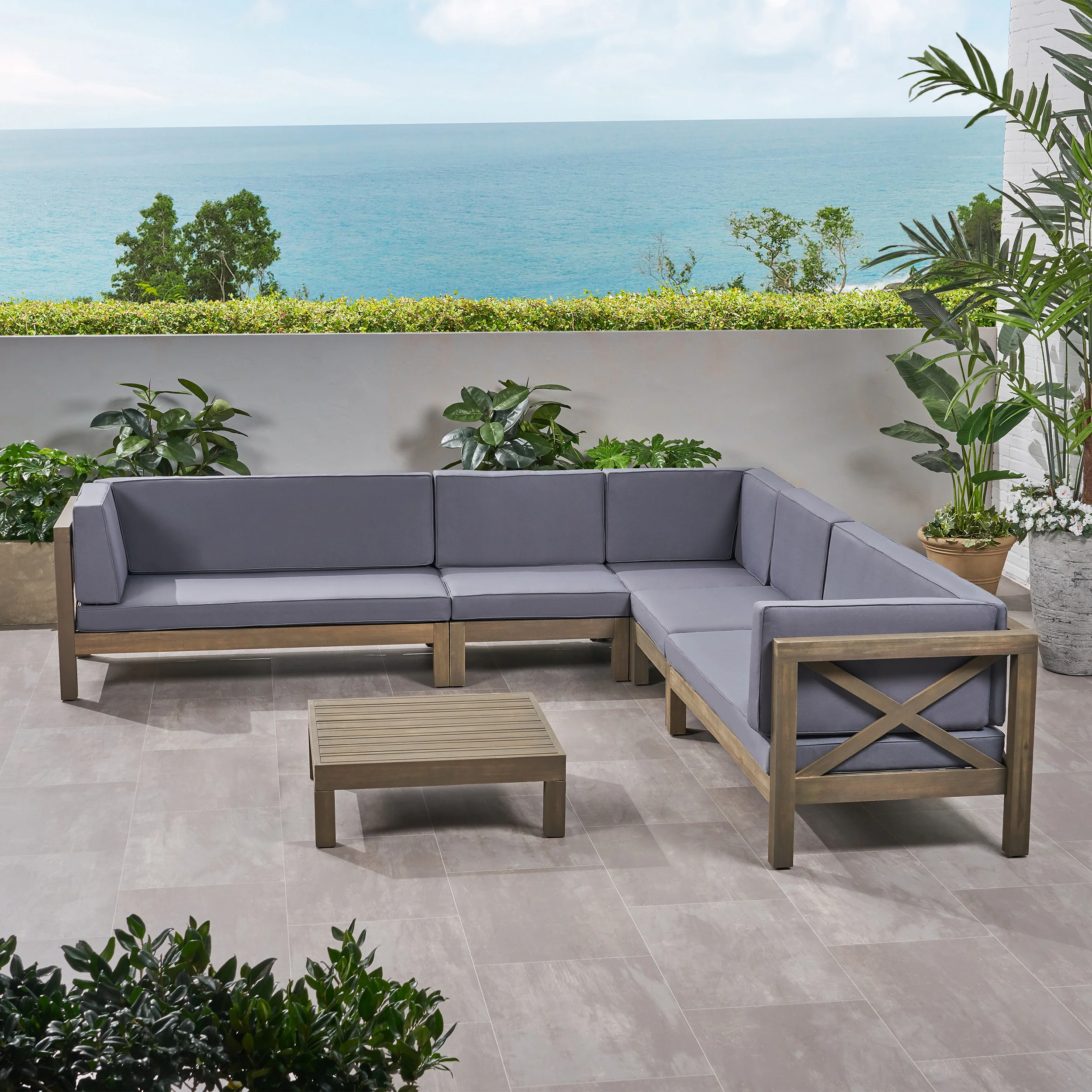 Cynthia Outdoor 7 Seater Acacia Wood Sectional Sofa Set - furnishings