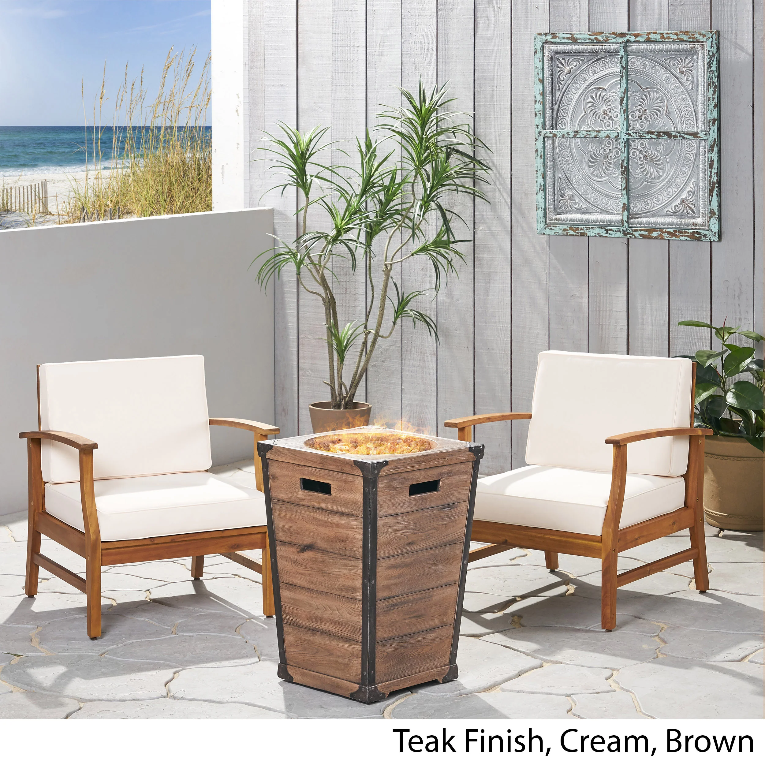 Capri Outdoor 2 Piece Acacia Wood Club Chair Set with Cushions and Fire Column - furnishings