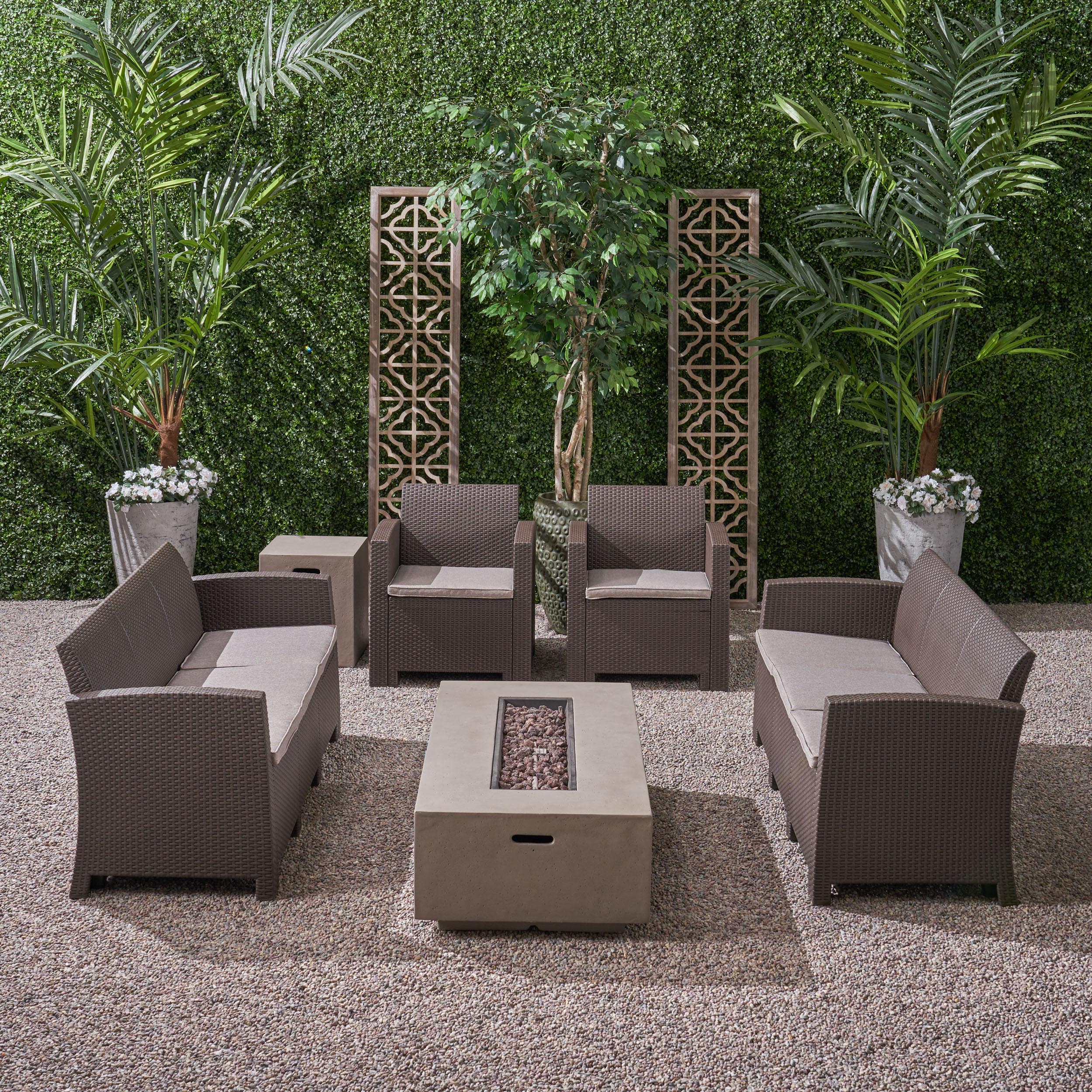 Morena Outdoor 8-Seater Wicker Print Chat Set with Fire Pit and Tank Holder - furnishings