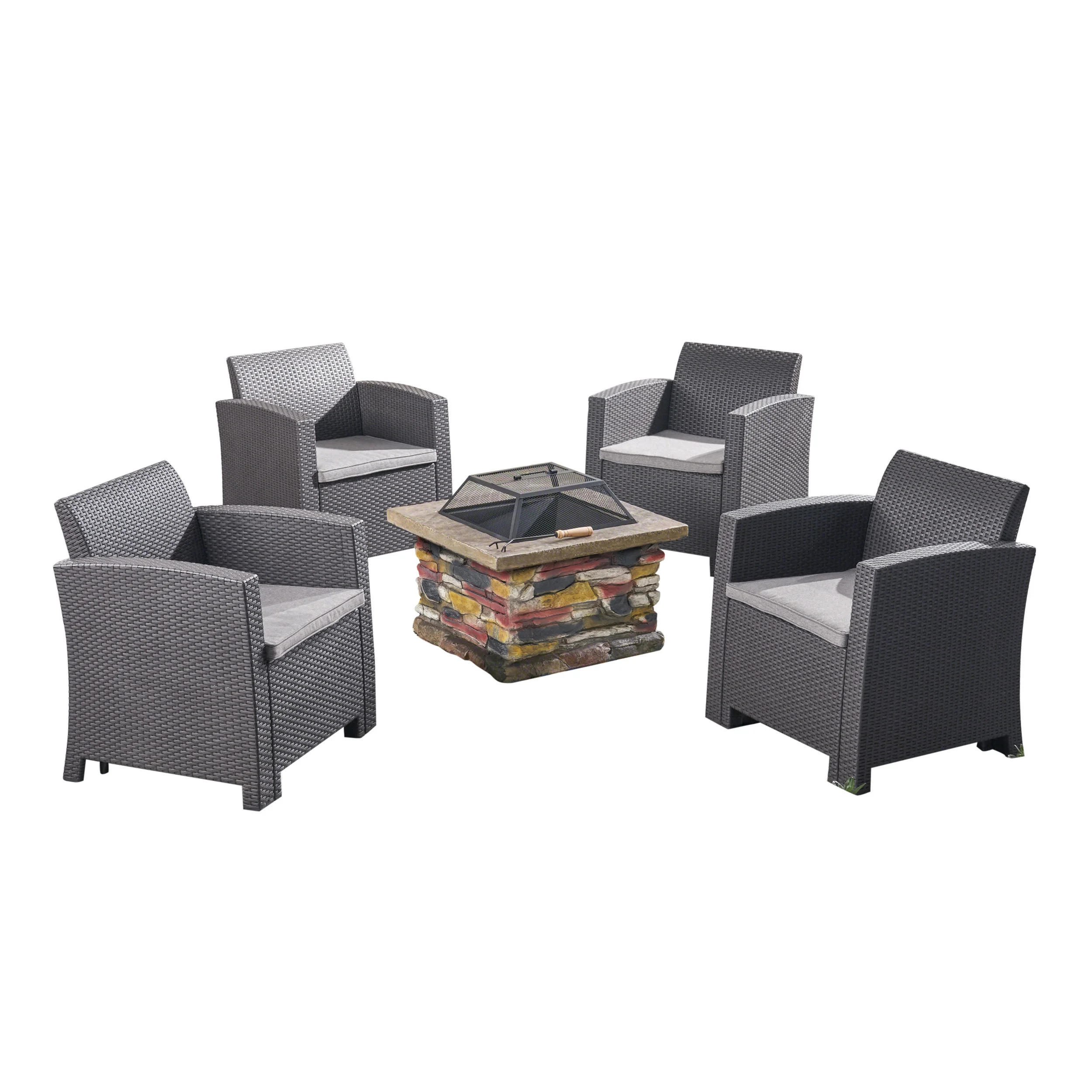 Rohirrim Outdoor 4-Seater Wicker Print Chat Set with Wood Burning Fire Pit - furnishings
