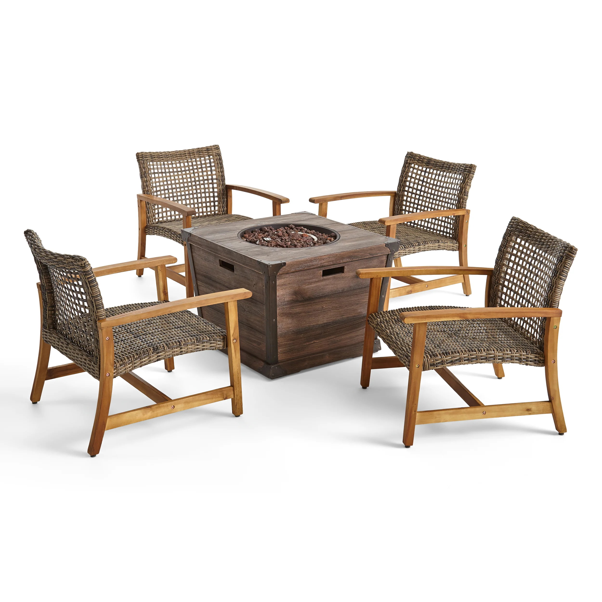 Levant Outdoor 4-Seater Wood and Wicker Club Chair Set with Fire Pit - furnishings