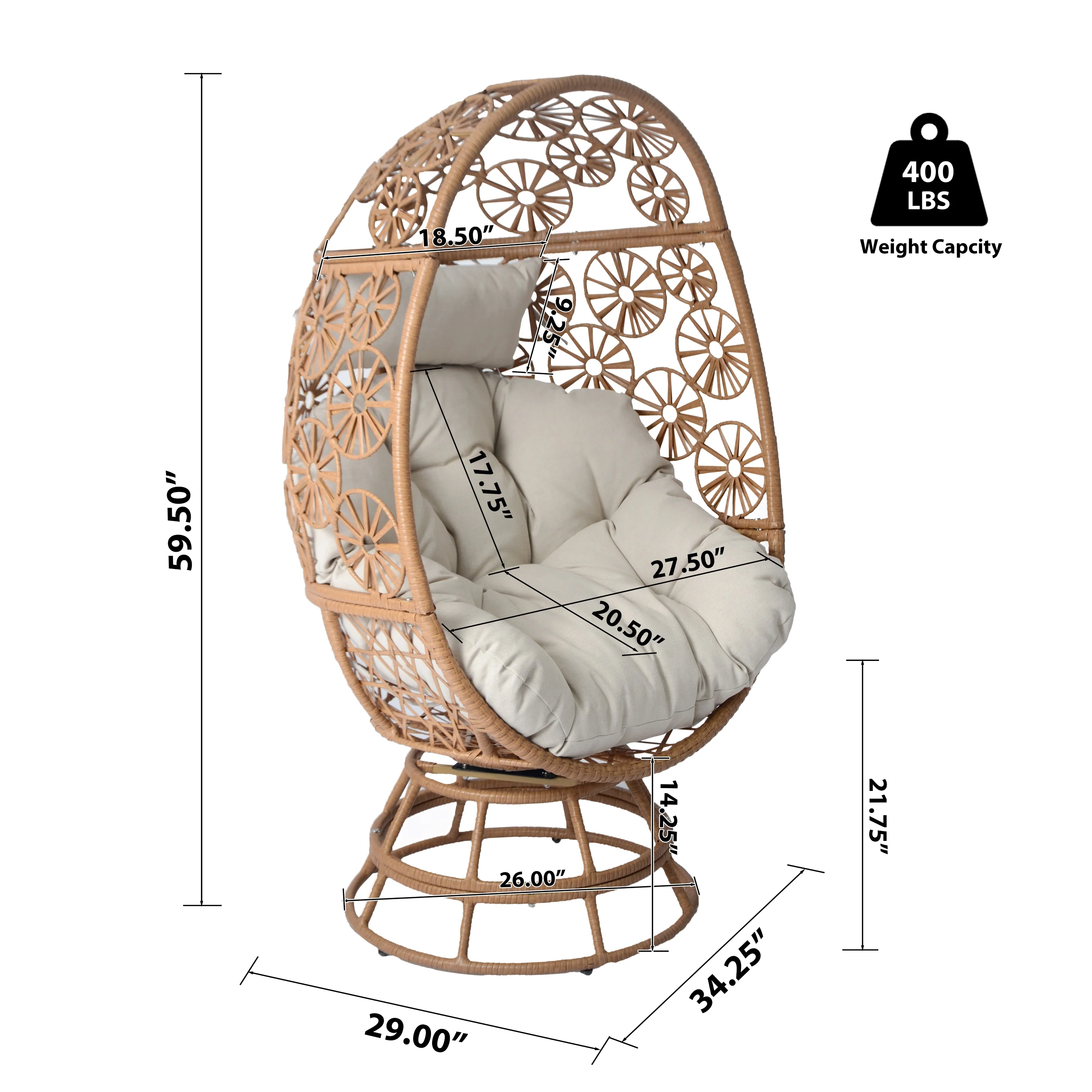 Ondina Outdoor Patio Swivel Egg Basket Chair, Beige + Brown - furnishings