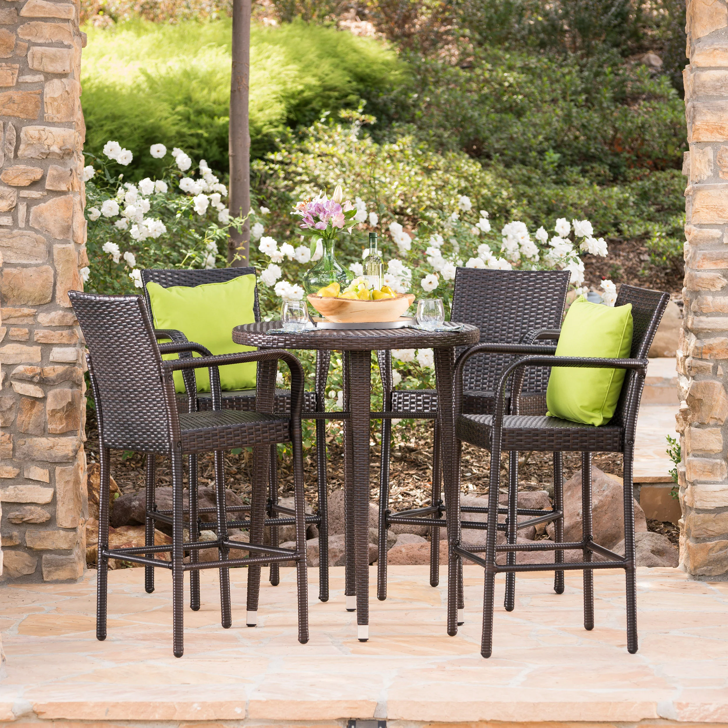 Patricia Outdoor 5 Piece Multi-brown Wicker Round Bar Table Set - furnishings