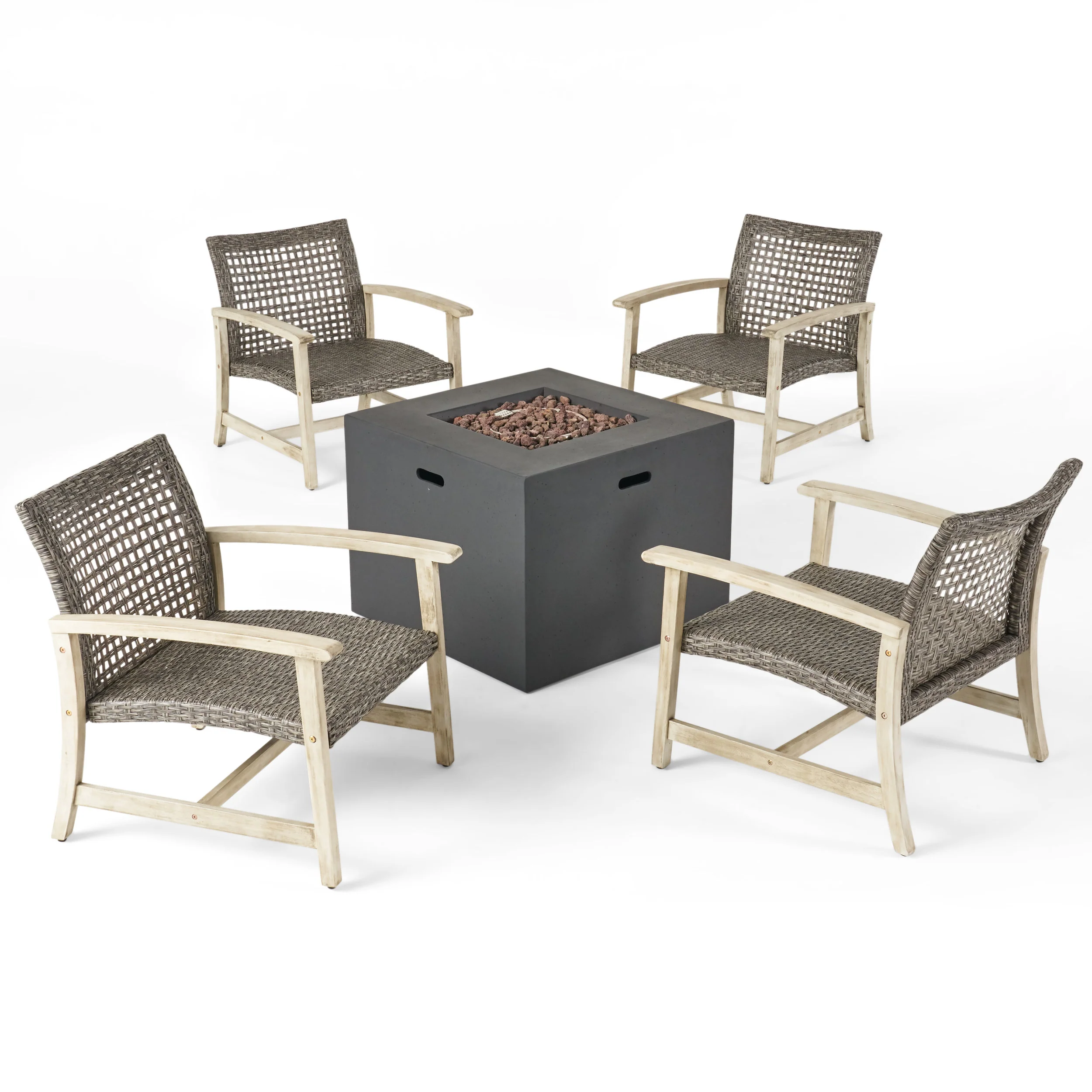 Carry Outdoor 5 Piece Wood and Wicker Club Chairs and Fire Pit Set - furnishings