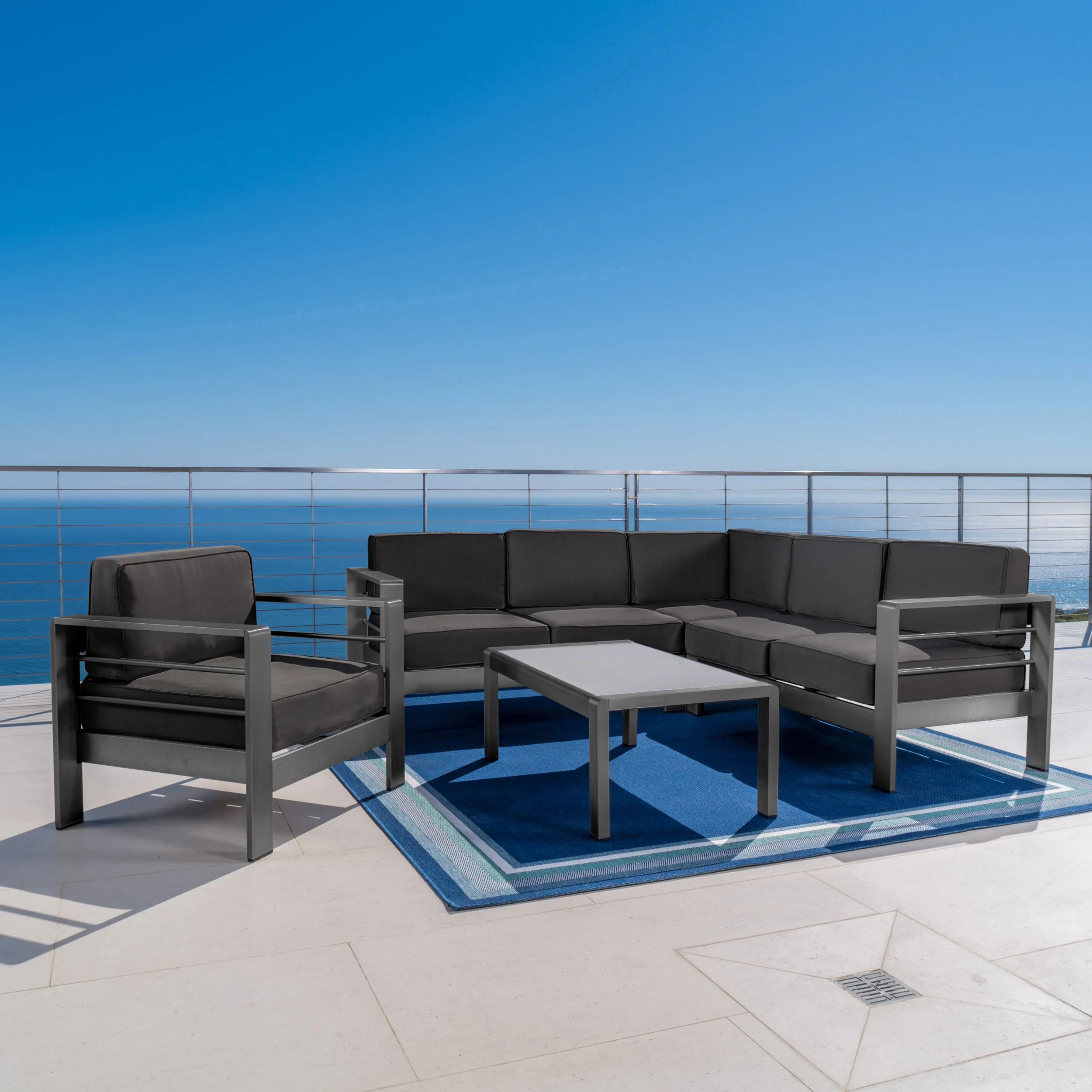 Coral Bay Outdoor Gray Aluminum 5 Piece Sectional Sofa Set with Club Chair - furnishings