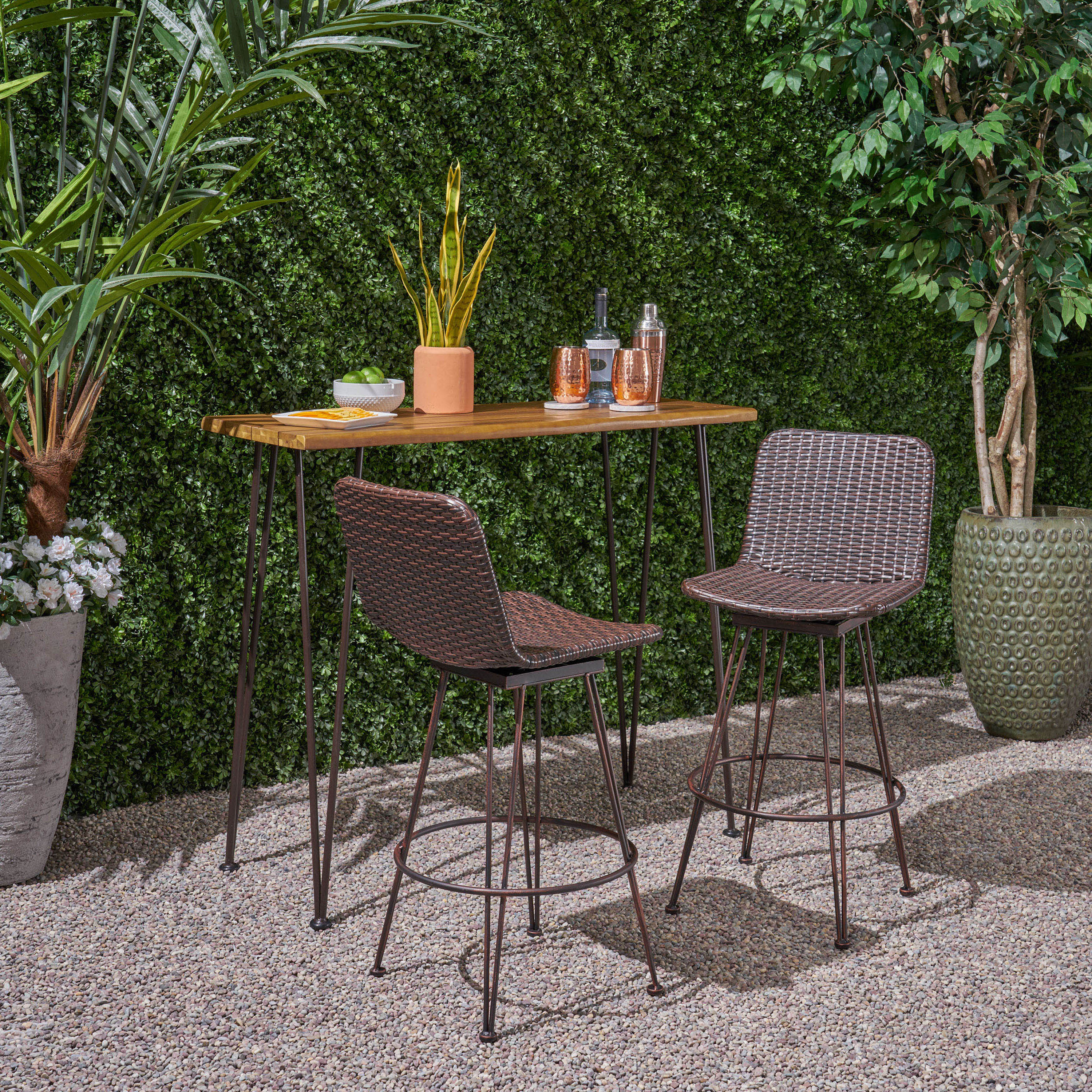 Avy Outdoor Modern Industrial 3 Piece Acacia Wood Bar Set - furnishings