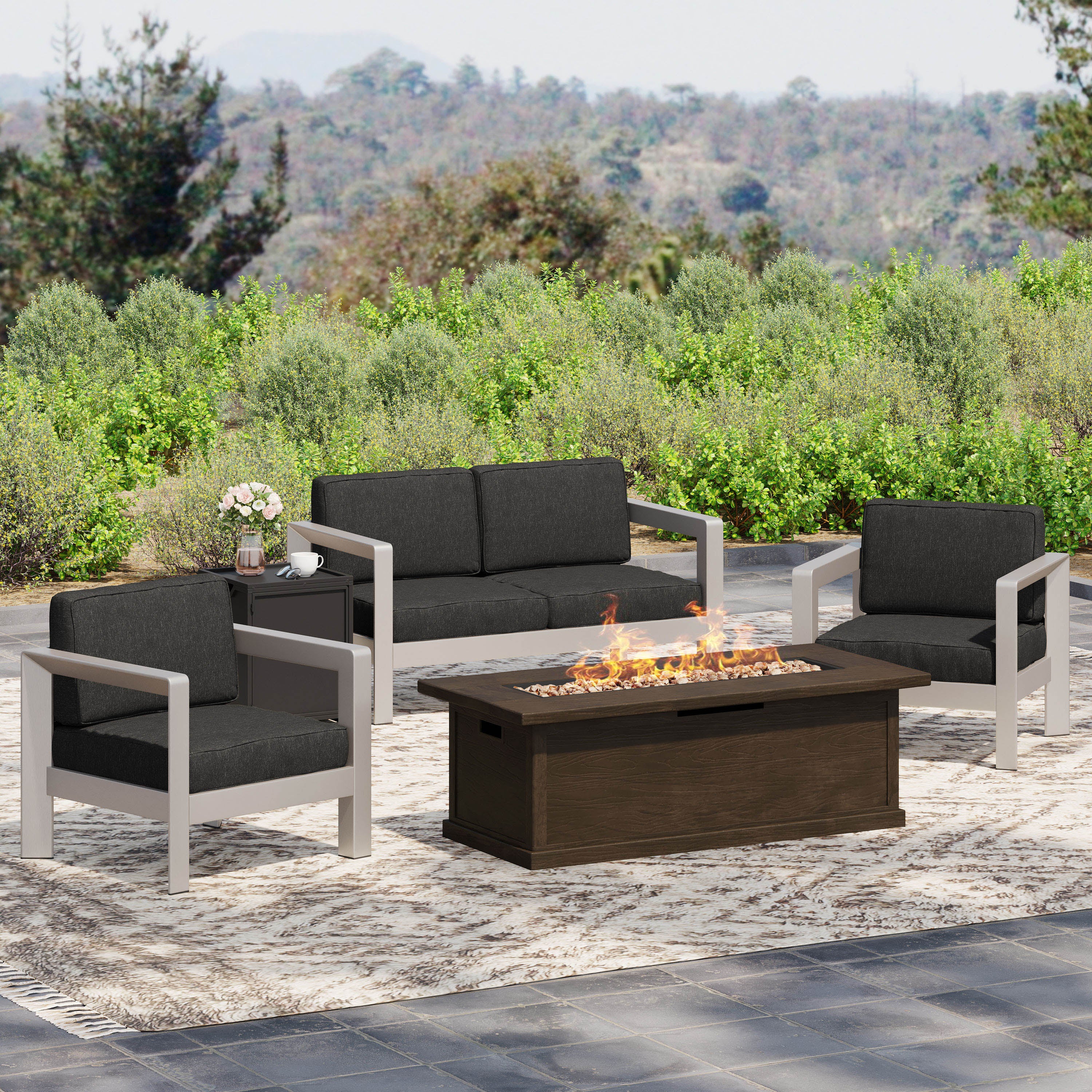 Kenny Outdoor 4-Seater Aluminum Chat Set with Fire Pit and Tank Holder - furnishings