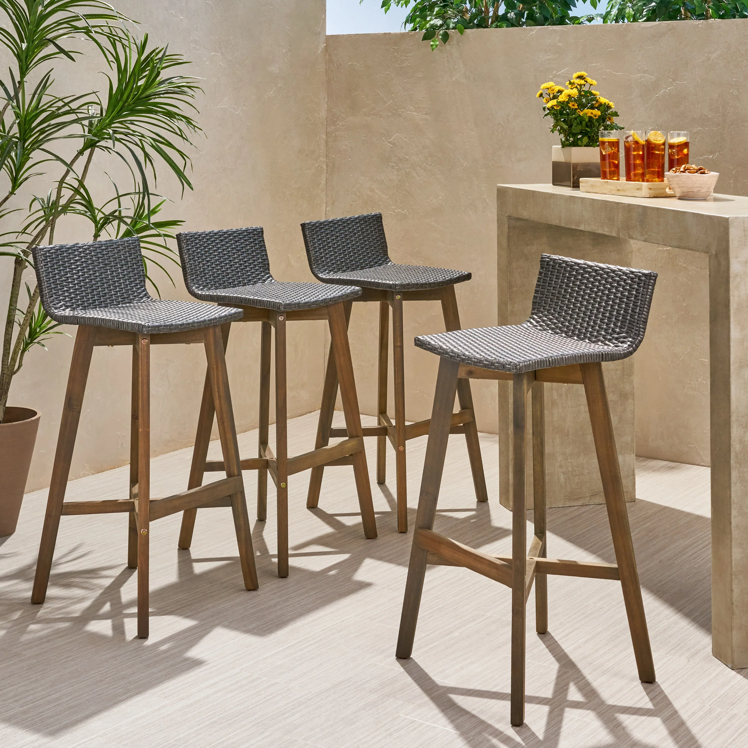 Jessie Outdoor Wood & Wicker Barstools (Set of 4) - furnishings