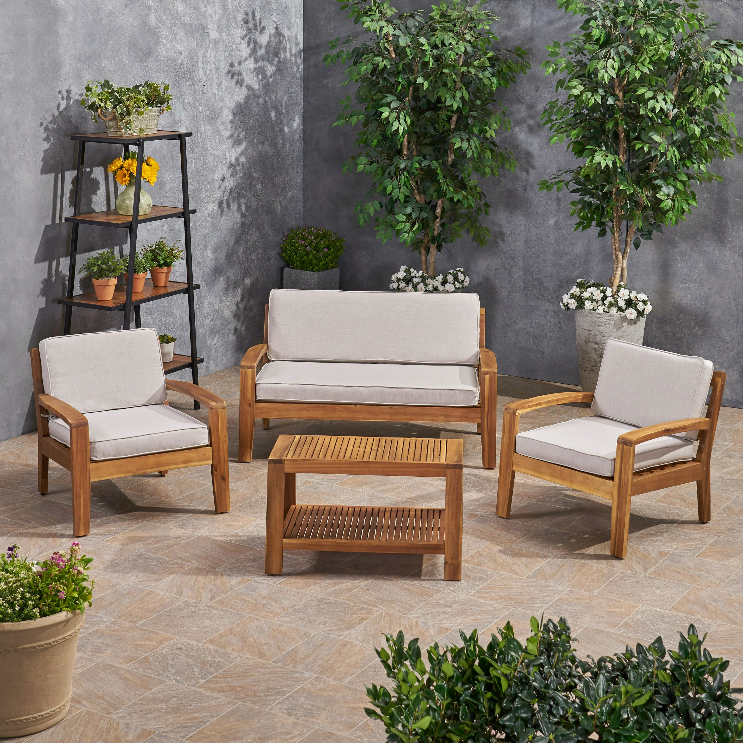 Parma Patio Acacia Wood 4-Seater Conversation Set with Coffee Table and Sunbrella Cushions - furnishings