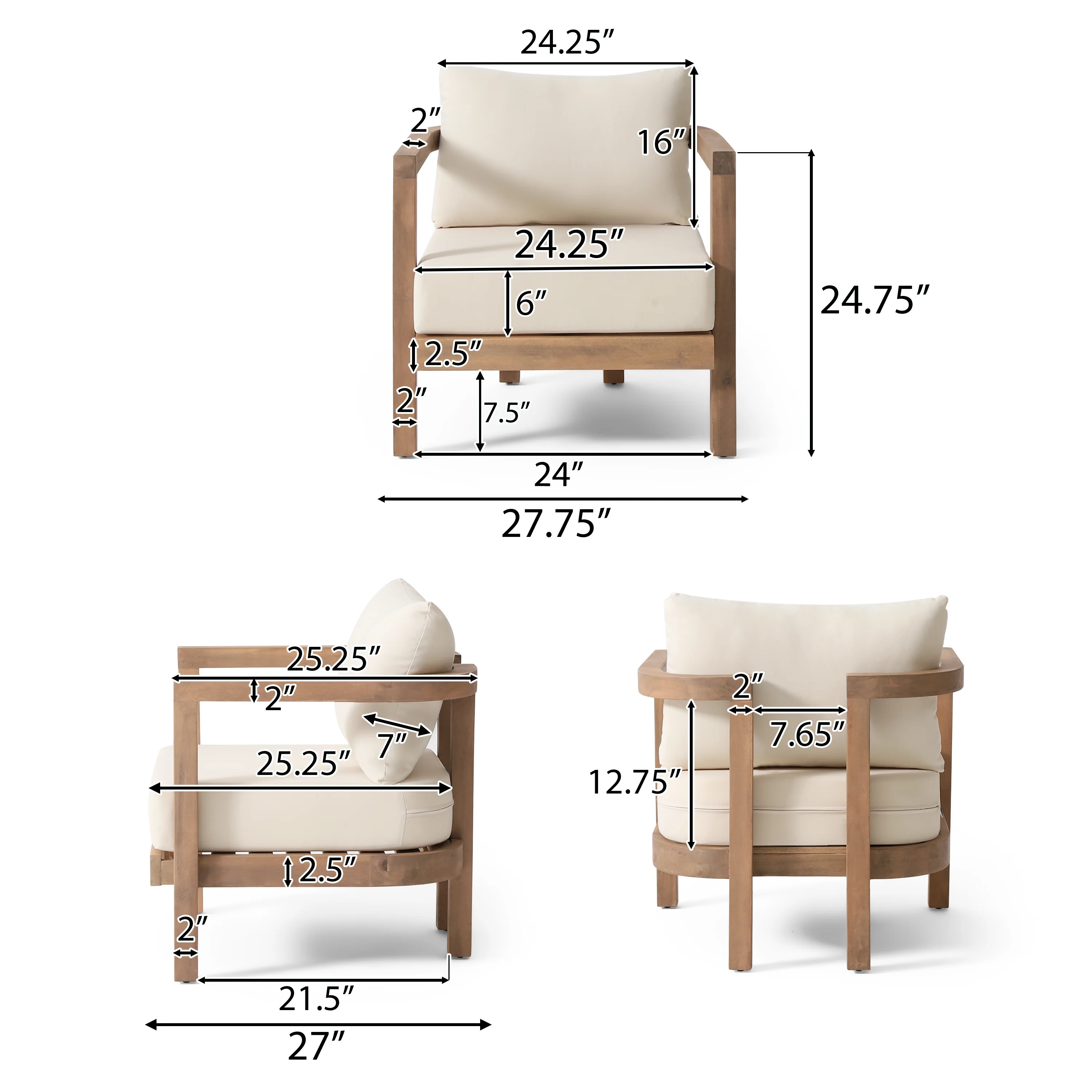 Aston Outdoor Acacia Wood Club Chairs with Cushions, Set of 2, Beige and Brown Wash - furnishings