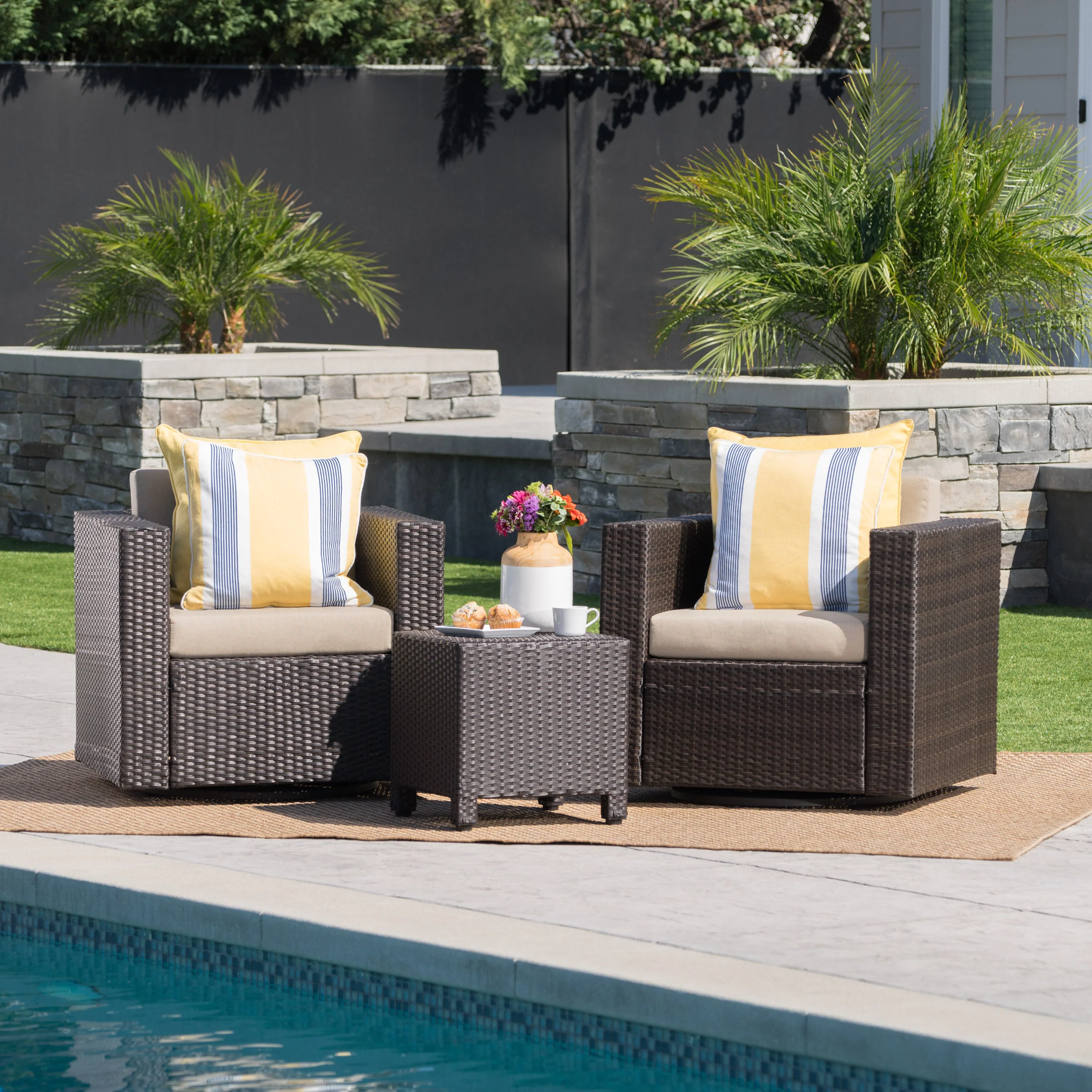 Venice 2-Seater Brown Wicker Outdoor Chat Set with Side Table - furnishings
