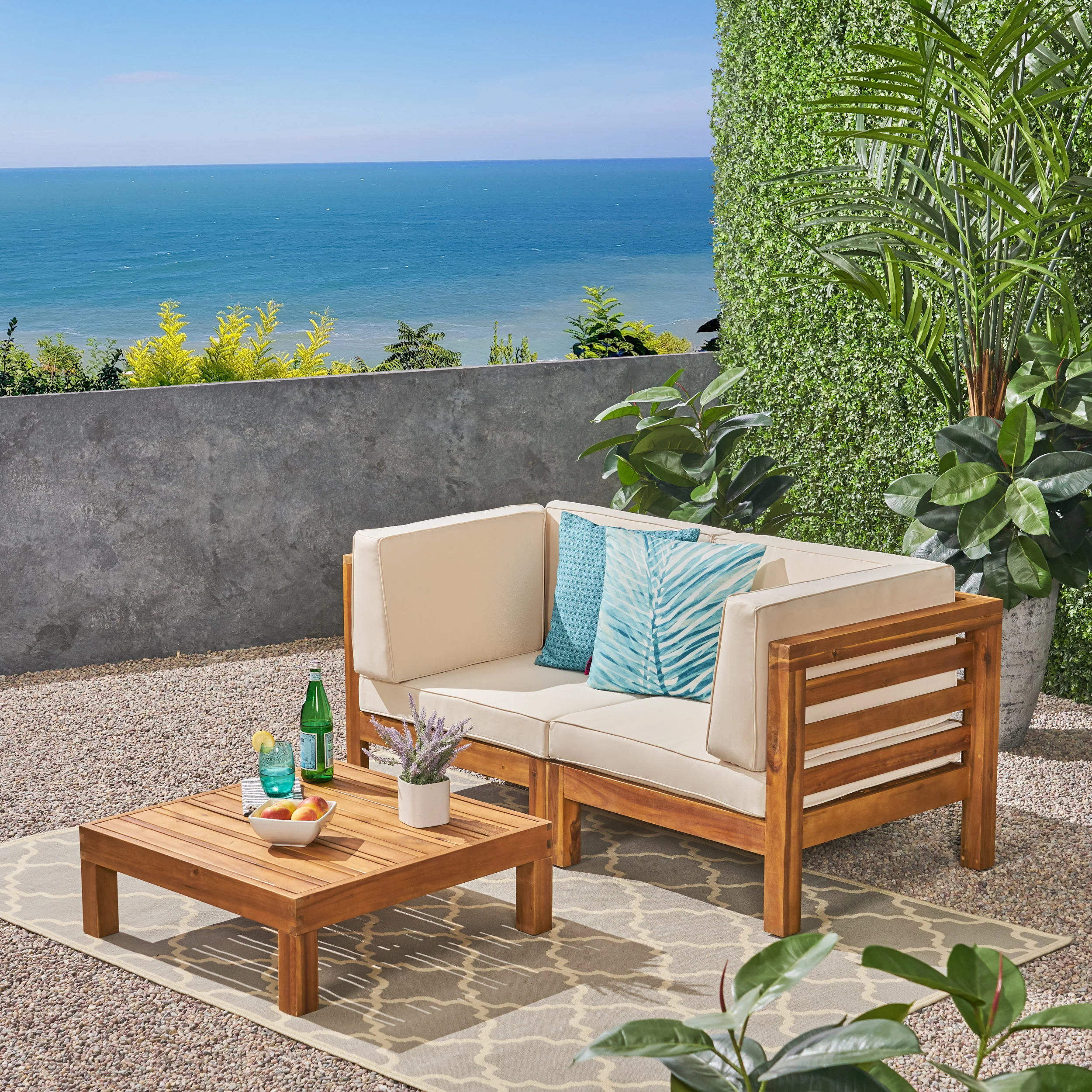 Dawson Outdoor Sectional Love Seat Set with Coffee Table - 3-Piece 2-Seater - Acacia Wood - Outdoor Cushions - furnishings