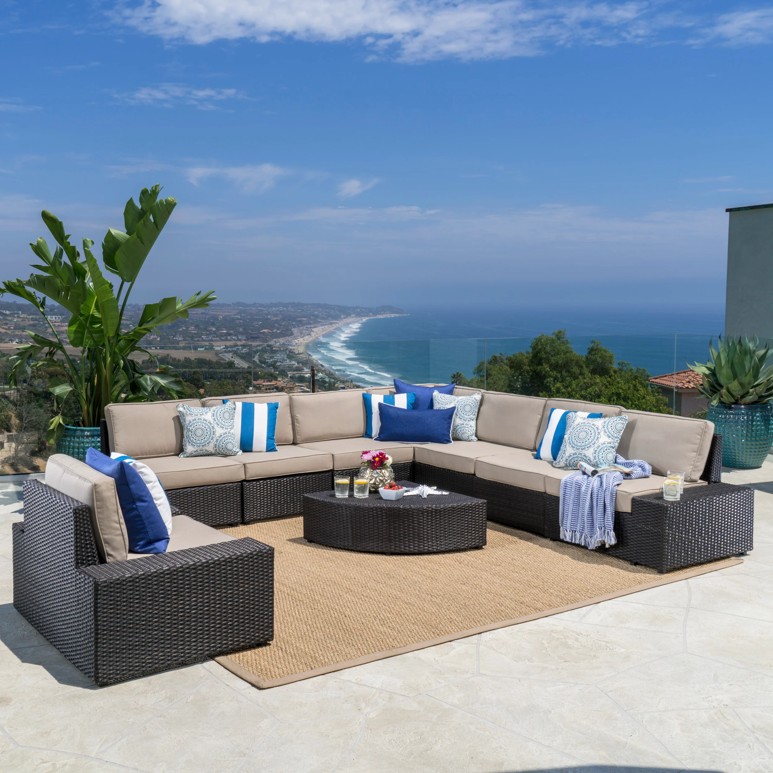 Reddington Outdoor 9 Piece Wicker Sectional with Beige Water Resistant Cushions - furnishings