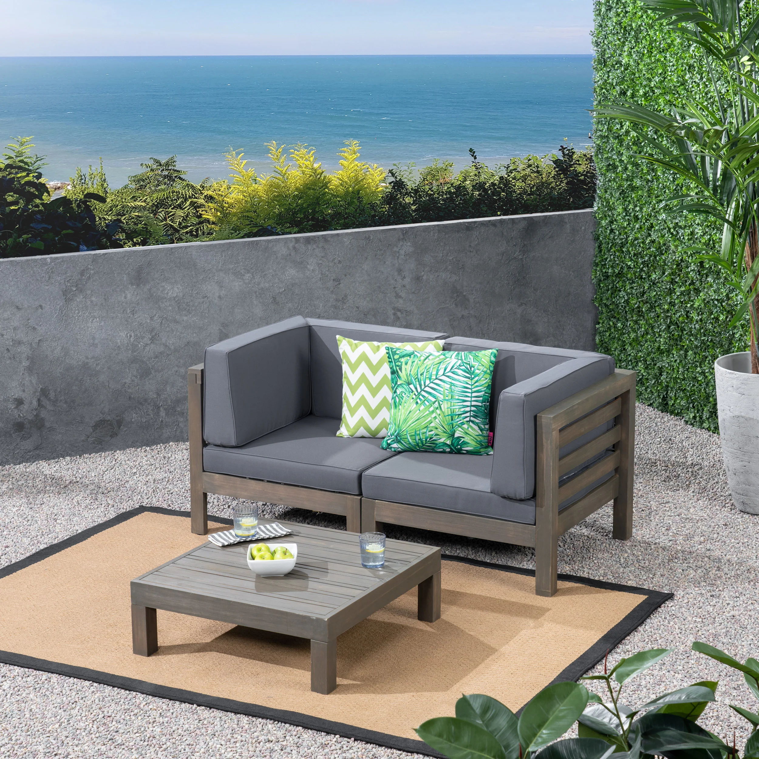 Dawson Outdoor Sectional Loveseat Set with Coffee Table - 3-Piece 2-Seater - Acacia Wood - Outdoor Cushions - furnishings