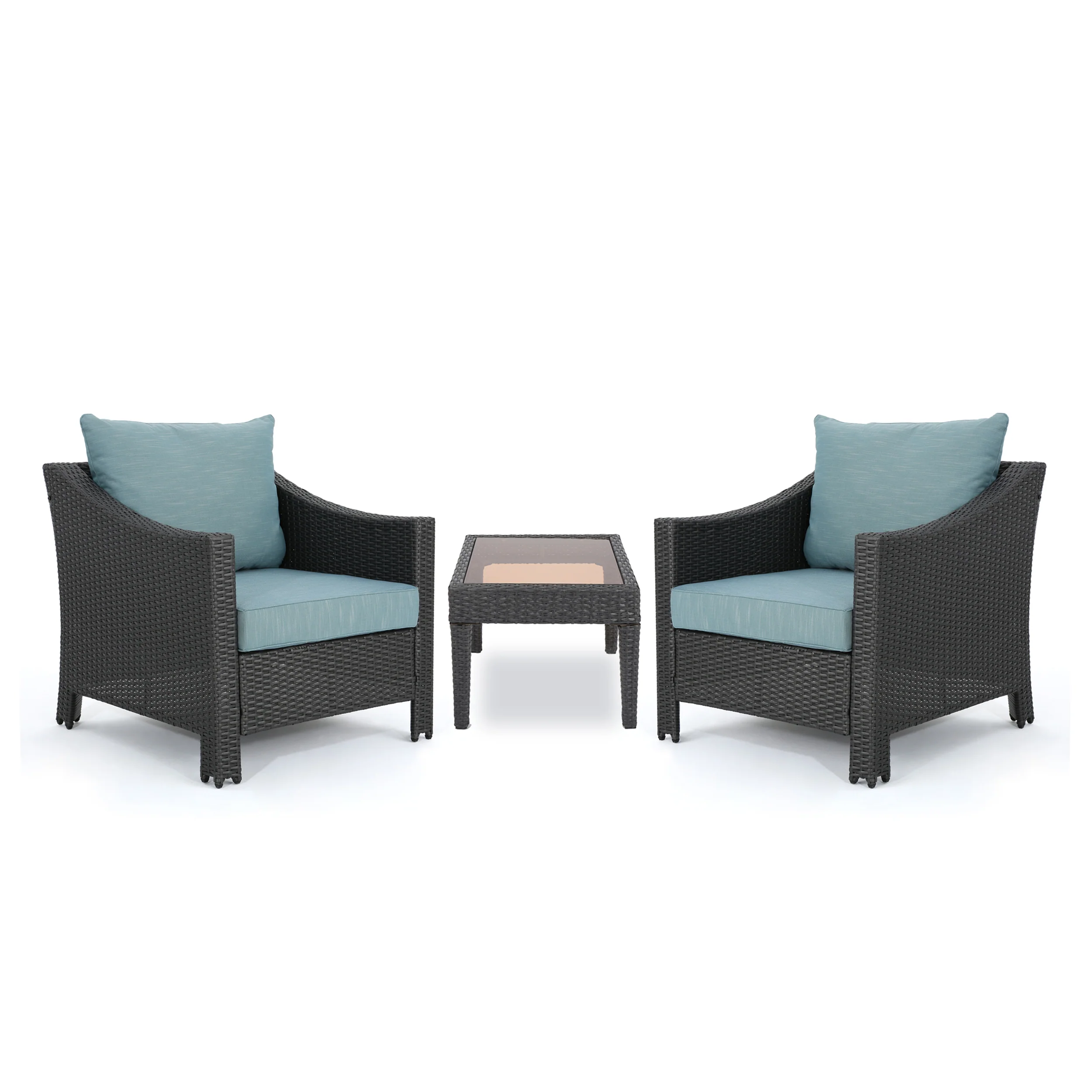 Caspian Outdoor 3 Piece Gray Wicker Chat Set with Teal Water Resistant Cushions - furnishings