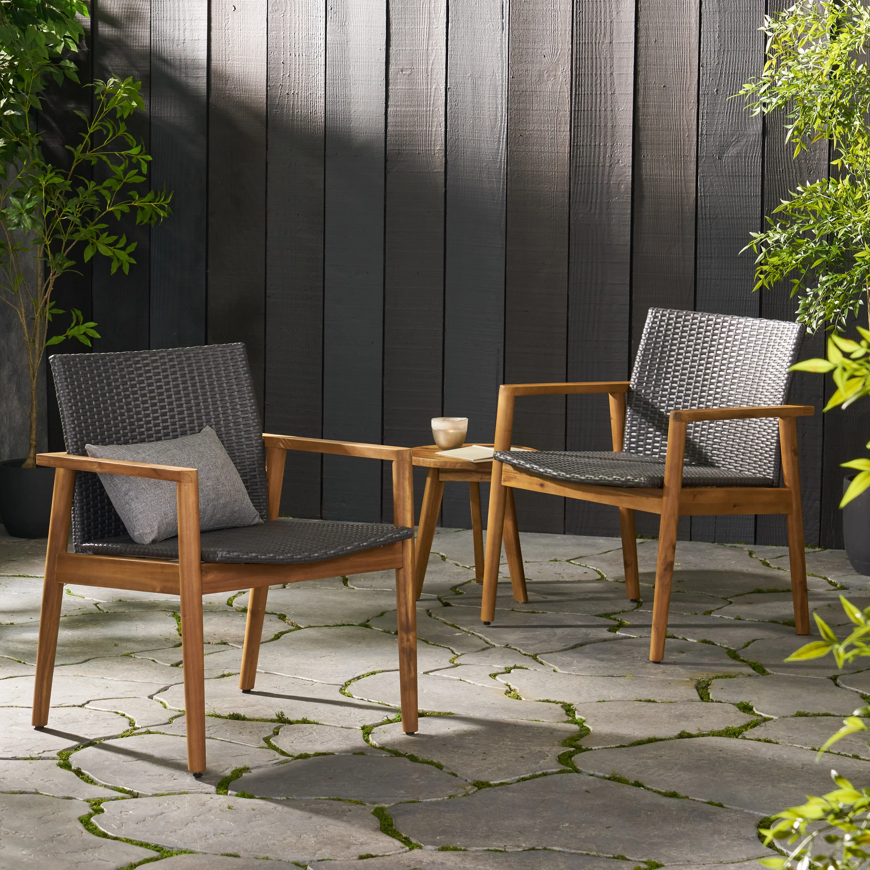 Alamosa Outdoor Wicker and Acacia Wood Club Chairs, Set of 2, Gray and Teak - furnishings